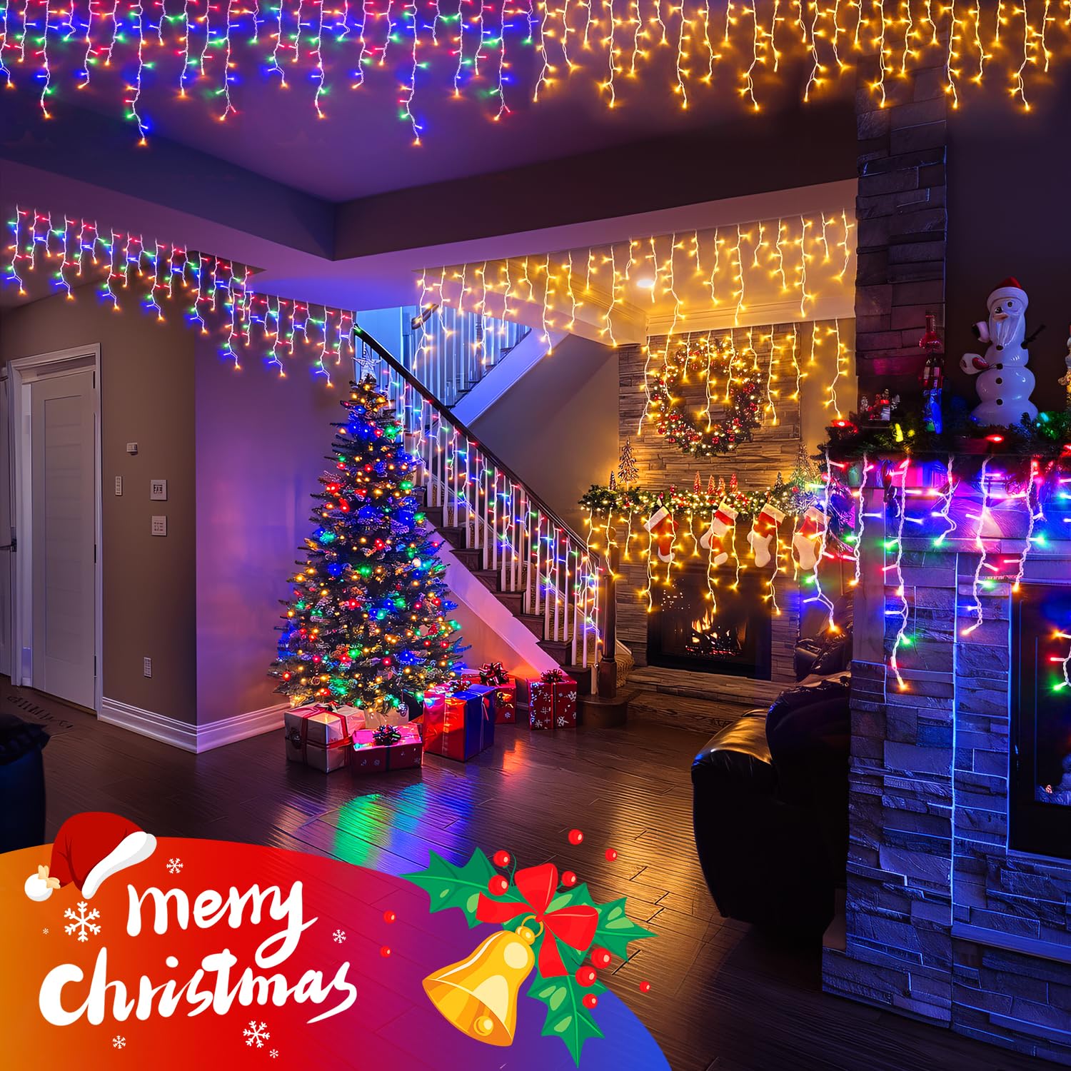 JMEXSUSS Color Changing Christmas Icicle Lights, 400 LED, Waterproof, 11 Modes, Warm White to Multicolor, Model EXS-I-0400-R