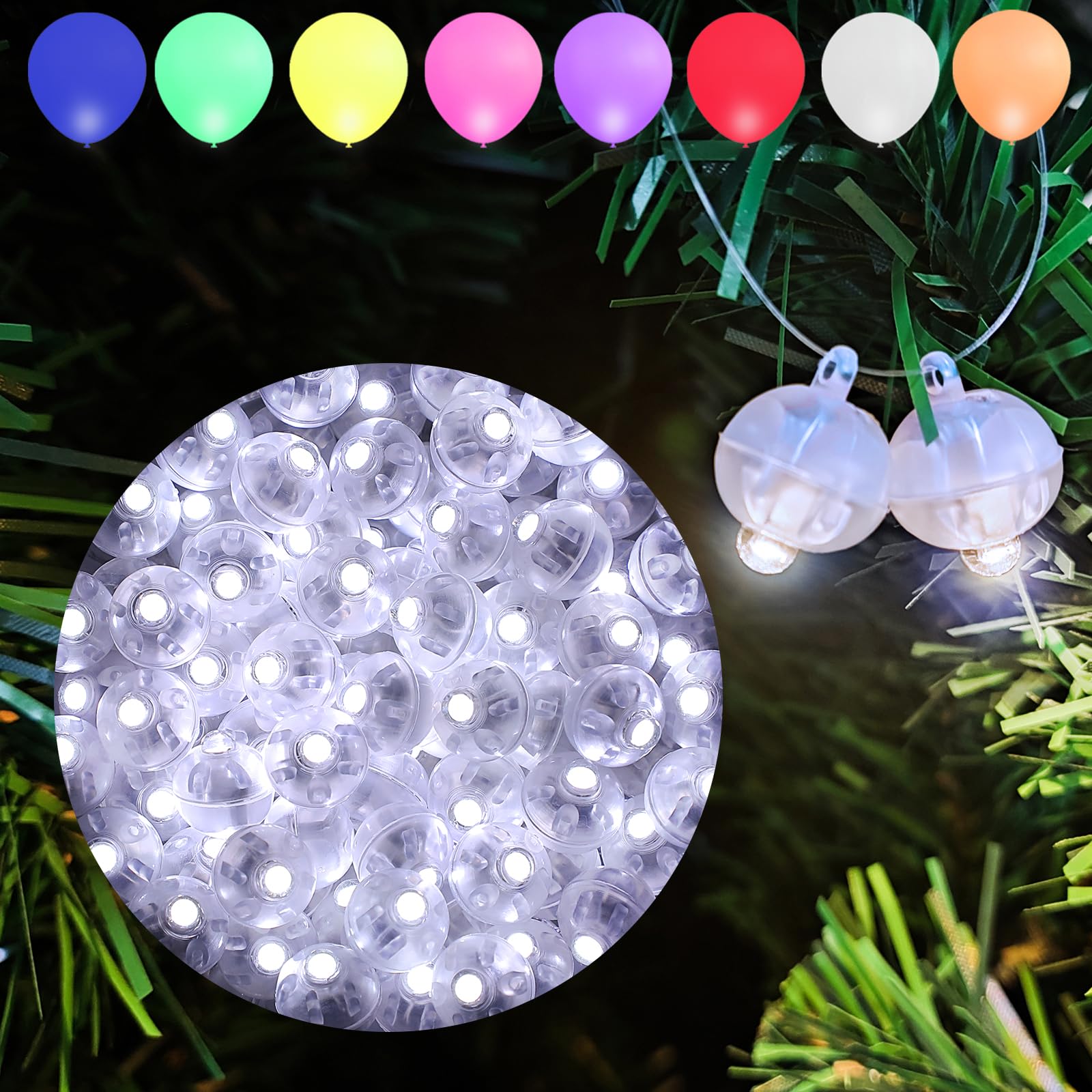 Aogist Mini LED Balloon Lights, Waterproof, Battery Powered, 100pcs with Hook, White, Model A001