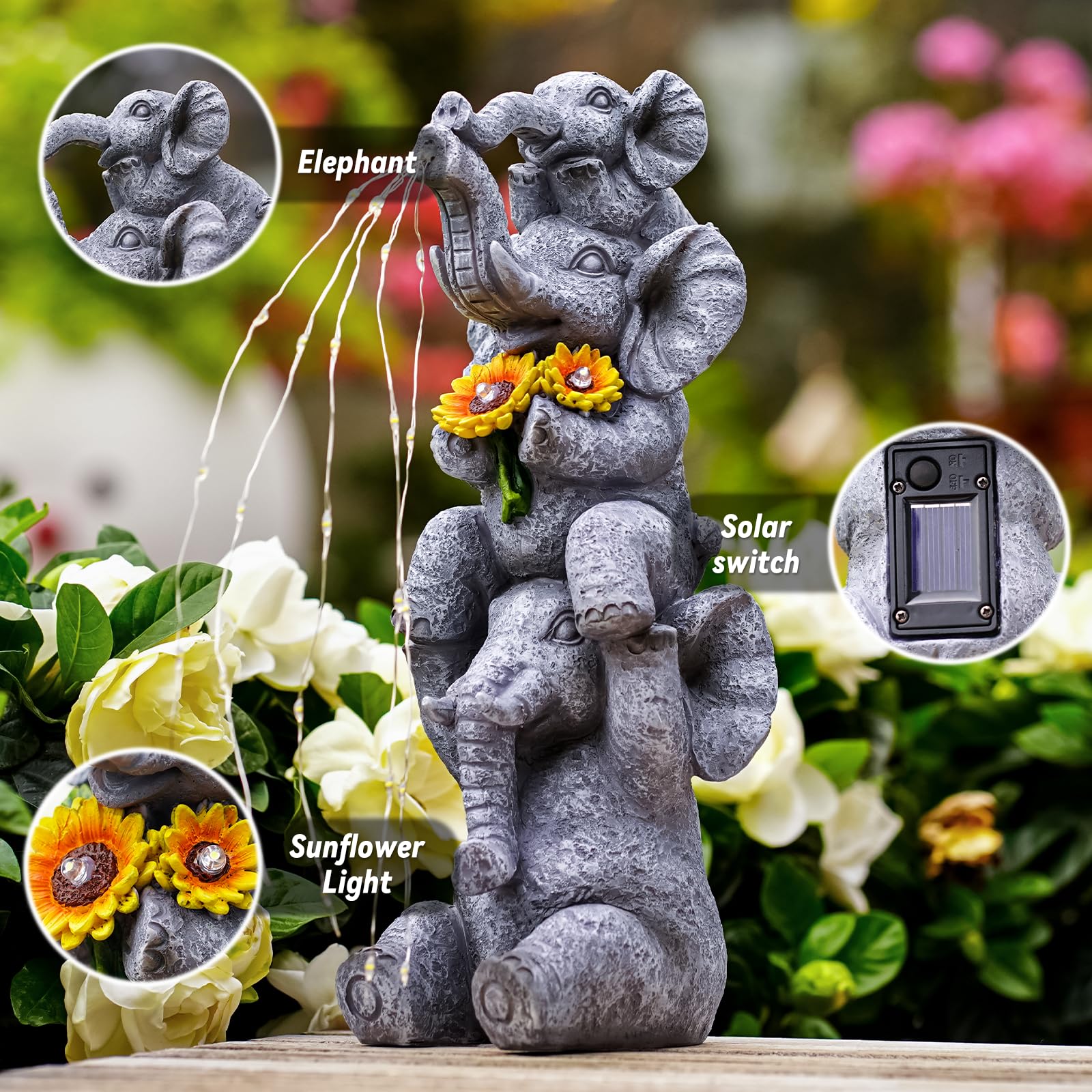 Solar Garden Decor Elephant Statue Outdoor  Luck Triple Elephant Decorations For Yard Porch Lawn Patio - Ideal Gifts For Women Mom Grandma Senior Elder Or Birthdays 12