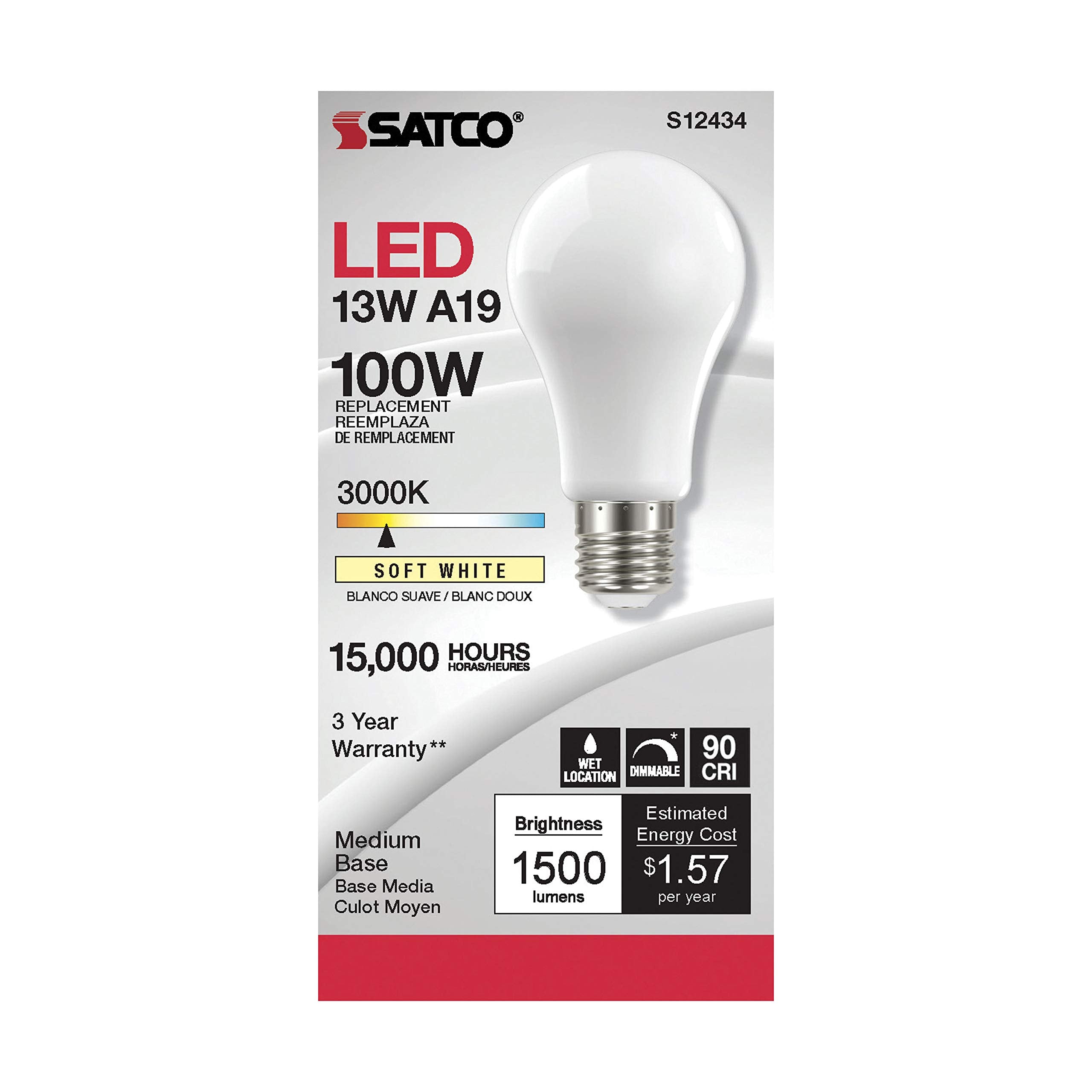 Satco (6 Pack) Dimmable Led Filament Lamps, S12434, High Lumens, 13.5 Watt, A19; Soft White; Medium Base; 3000K; 90 Cri; 120 Vol