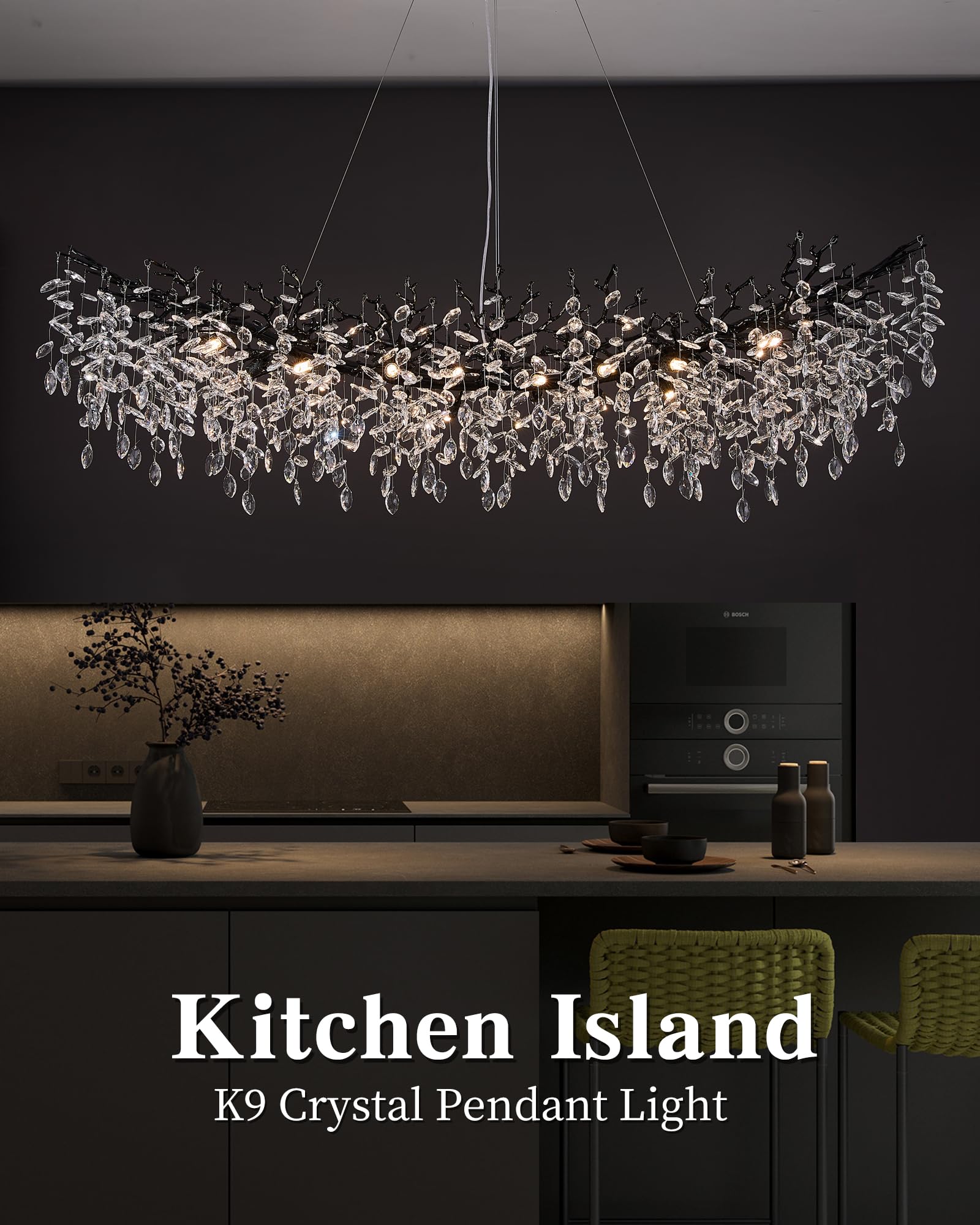 Black Chandelier  16 Light Modern Chandelier For Dining Room Over Table  Industrial 63 Hanging Lighting With K9 Crystal Tree Branch Rectangular Chandeliers For Living Room Kitchen Island