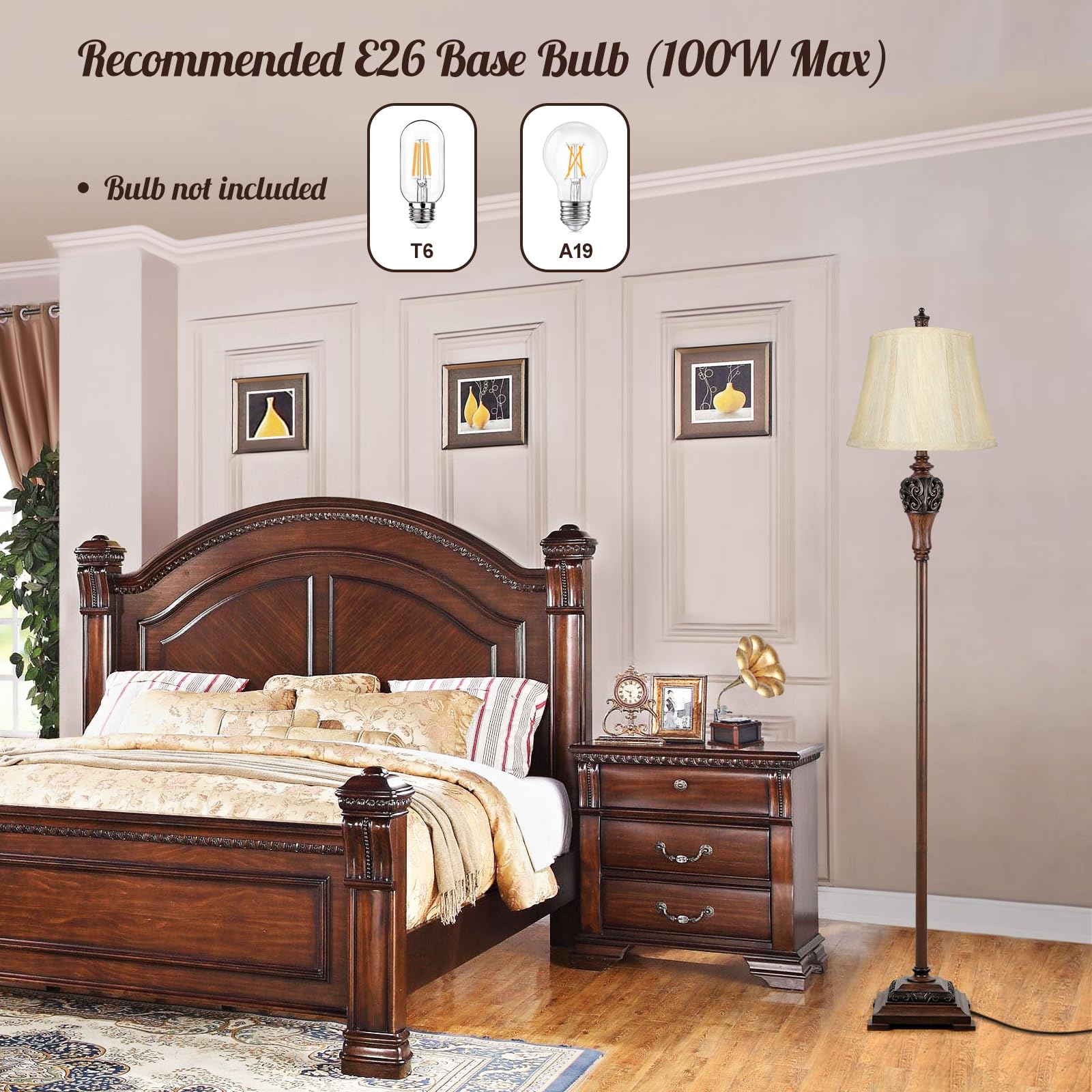 Sucolite Vintage Floor Lamp - Tall Antique Style with Cream & Brown Faux Silk Shade, Model AC029 for Living Room & Bedroom Decor