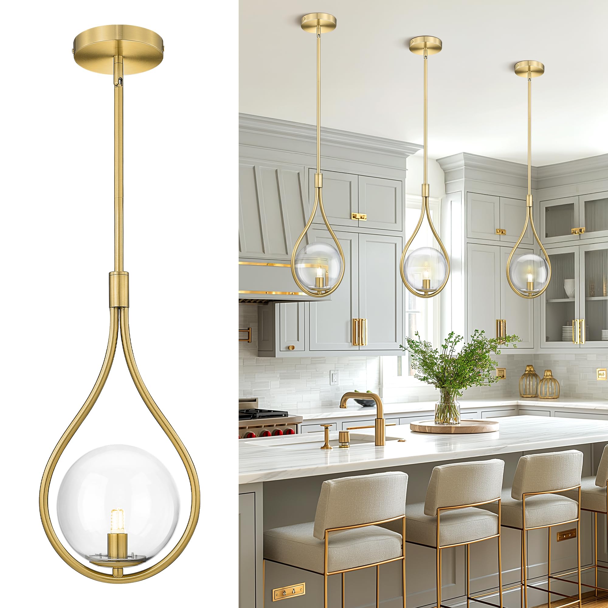 AUTELO Gold Pendant Lights Kitchen Island, 1-Light Hanging Lamp in Brushed Gold Finish with Clear Globe Glass, Mid Century Penda