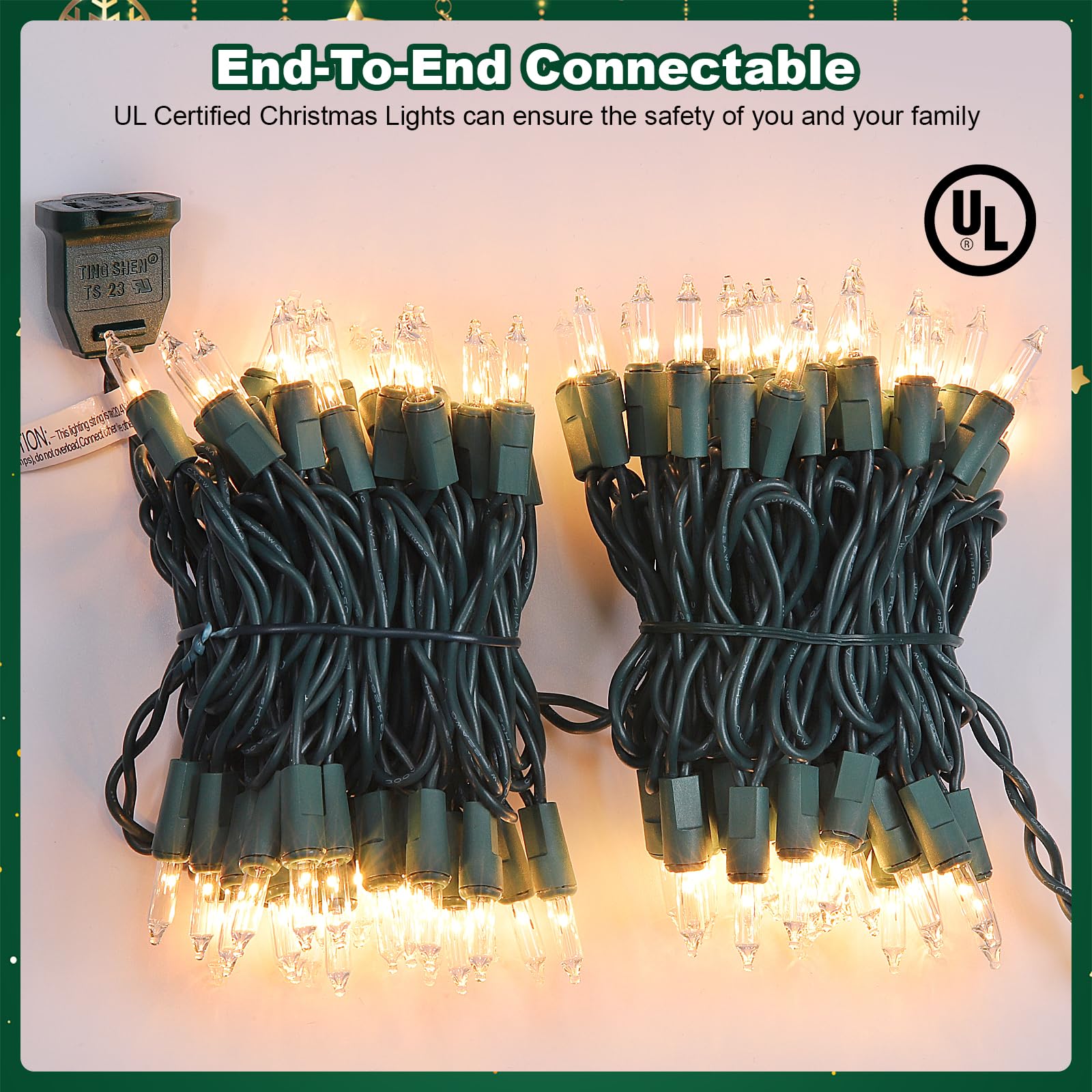 Meteds Christmas Lights 100 Count Warm White Mini String Lights Green Wire UL Certified, Connectable, 2 PCS
