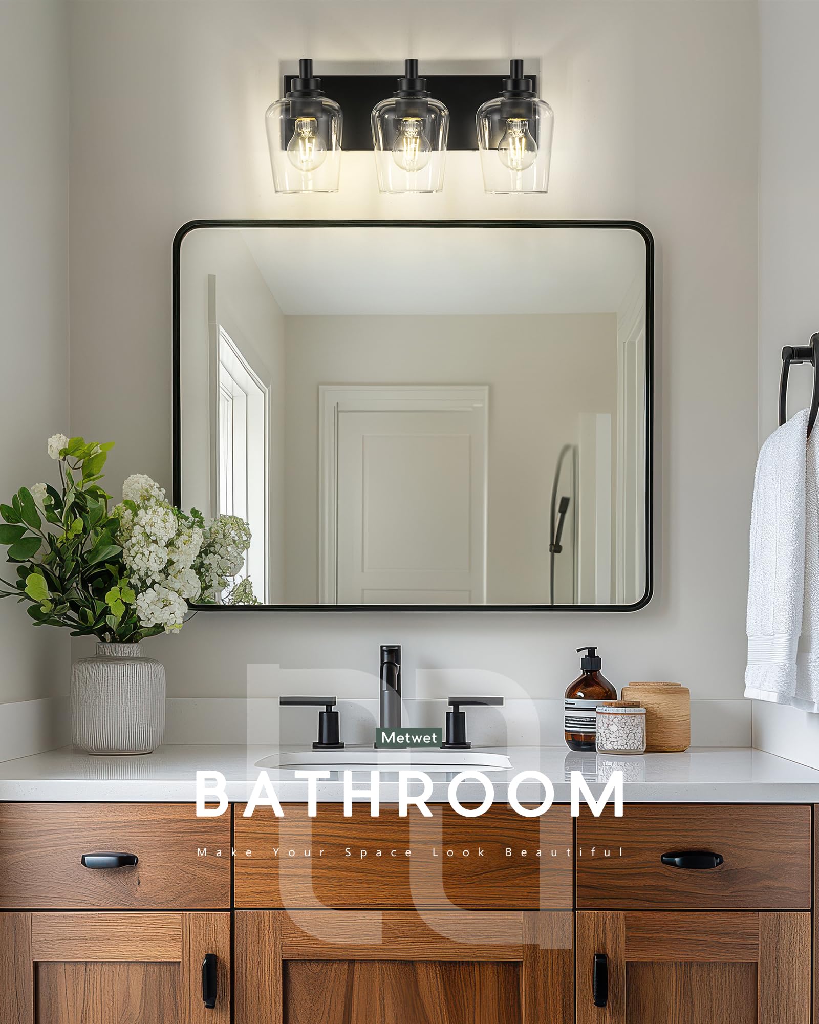 METWET 3-Light Bathroom Vanity Light, Modern Clear Glass Shades, Matte Black, Model VL155-MB-3