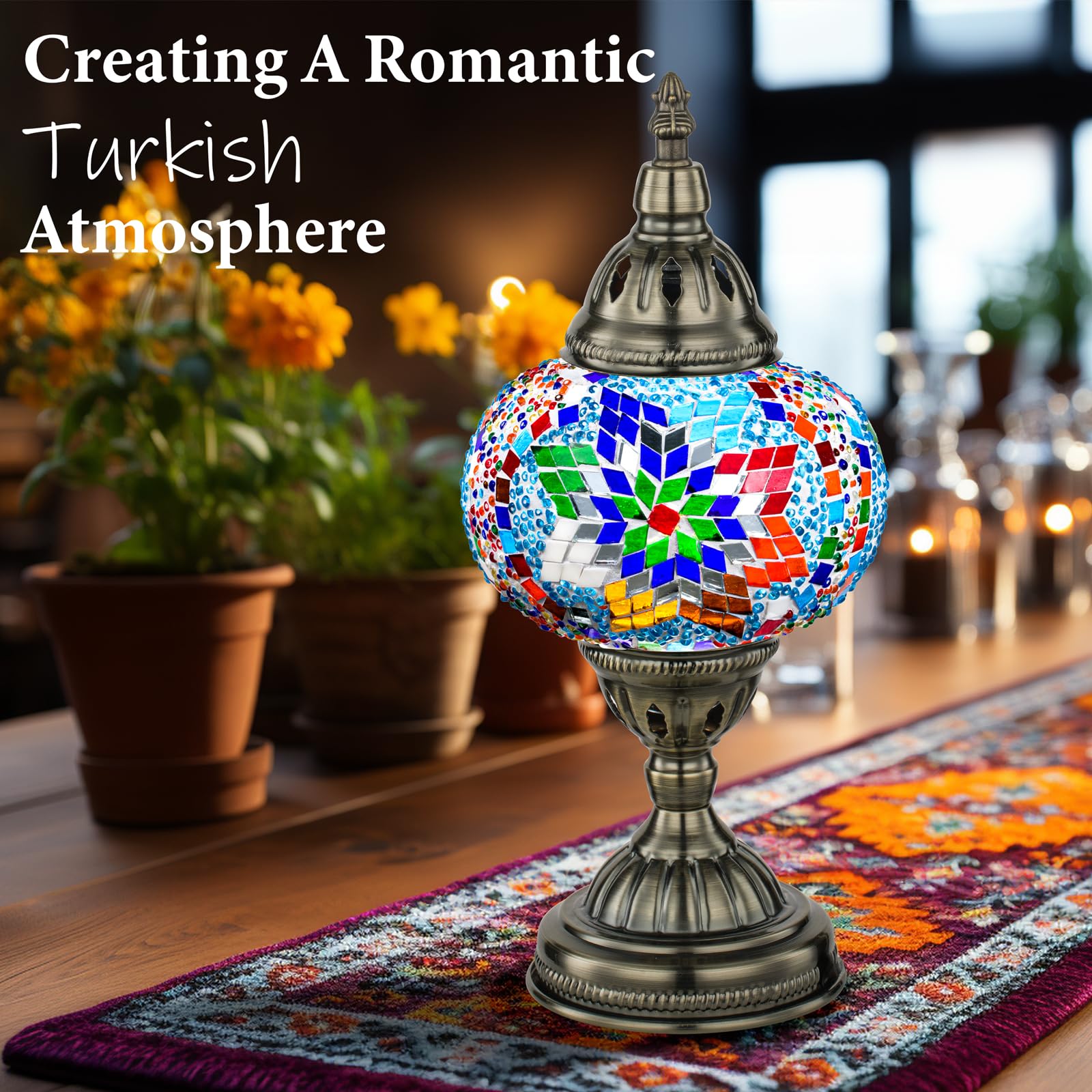 Marrakech Moroccan Mosaic Table Lamp, Handmade Glass with Bronze Base, LED Bulb Included, Colorful, Model YMA401-15-A8-TowerB