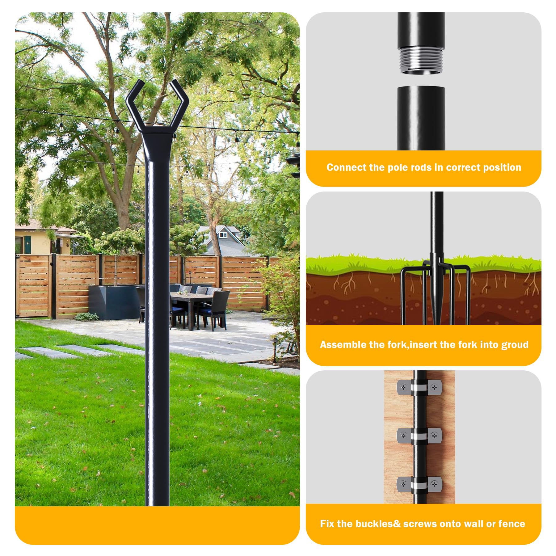 Hcsh&Will String Light Poles, 10 Ft Metal Poles With Fork For Outdoor String Lights, 2 Pack Outdoor Patio Light Stand With Fork,