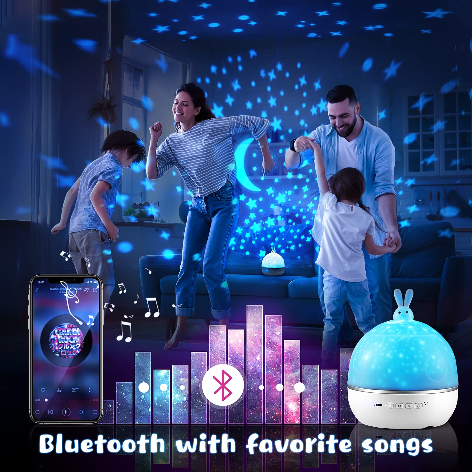 Onefire Night Light Projector For Kids - 15 Films, Bluetooth Music, Remote Dimmable, Rechargeable