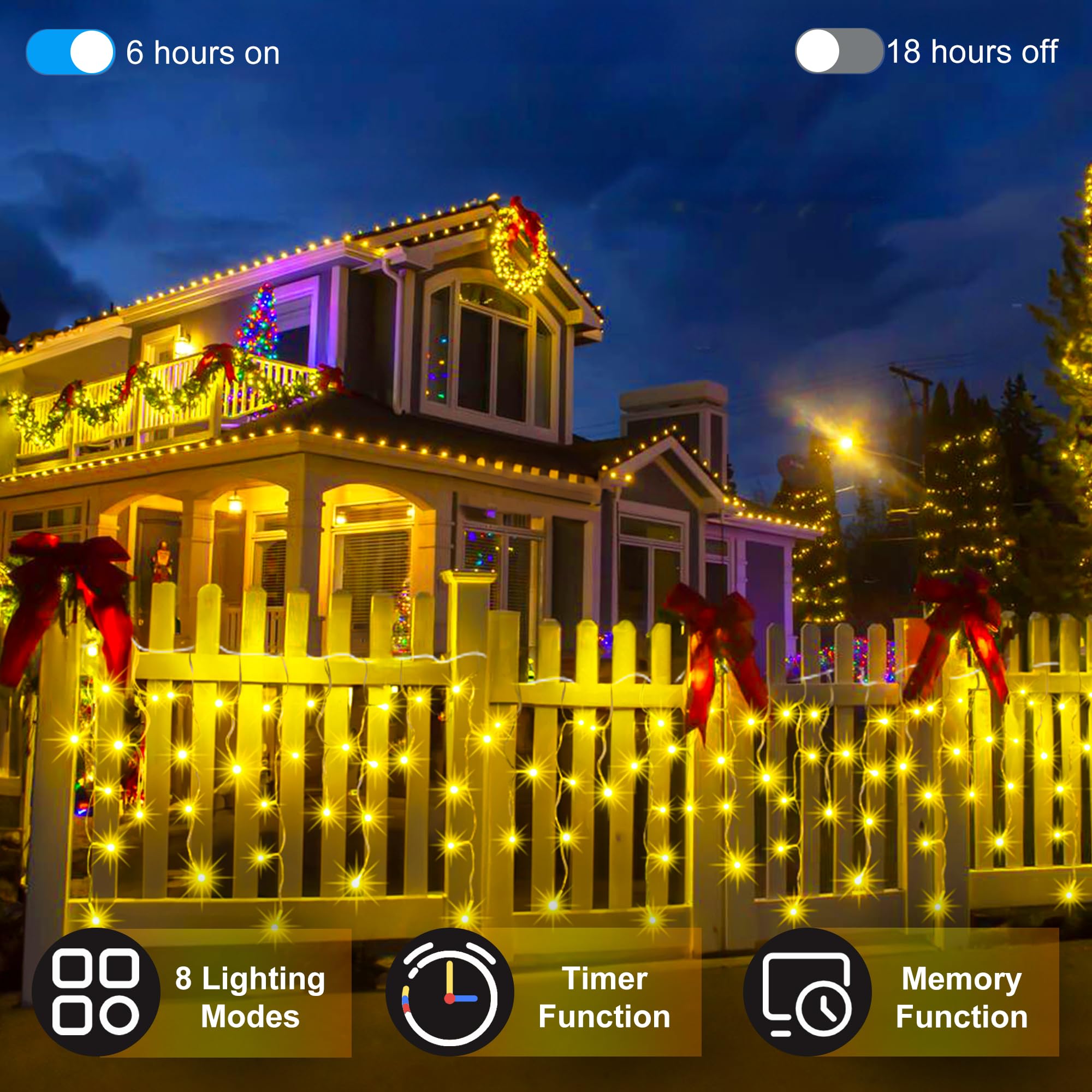 QUHUATU 612 LED Christmas Lights, 60FT, 136 Drops, Warm White, Waterproof, 12 Modes, with Timer, Model WX-612L