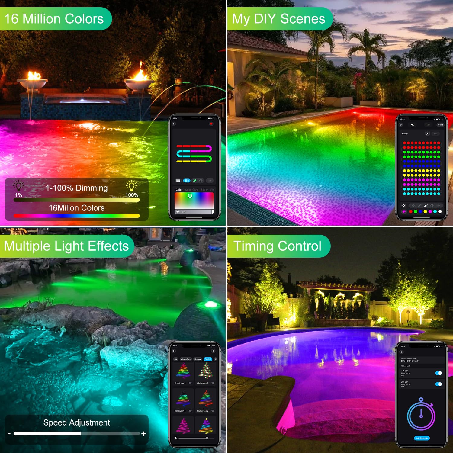 T-SUN Colored Pond Lights - LED Submersible Fountain Light, Bluetooth & Remote Control, IP68 Waterproof, Set of 1, Multicolor, Model TS-F2220