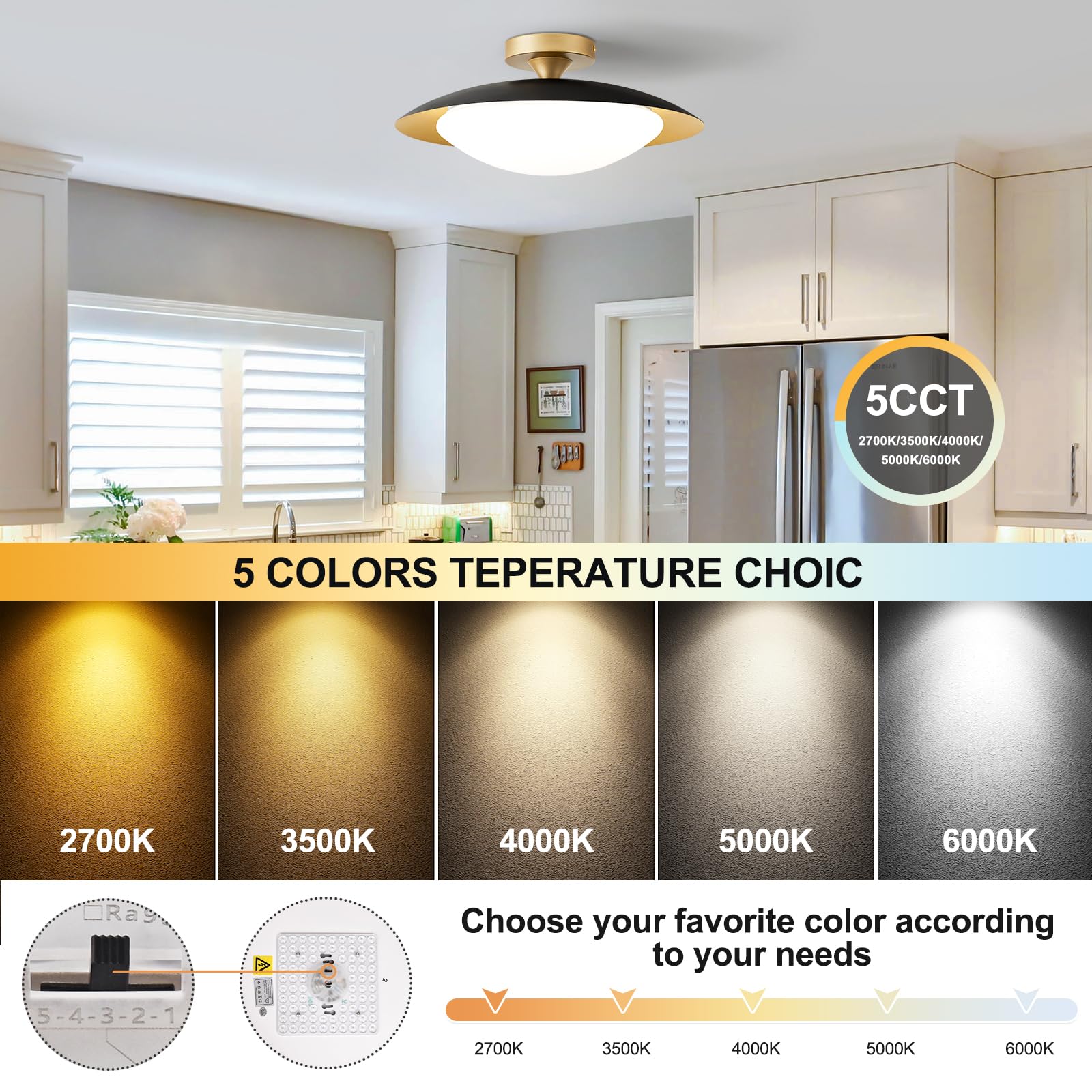 Zuyurt Dimmable Mid Century Modern Ceiling Light 5Cct Led Black And Gold Semi Flush Mount Ceiling Lighting  For Kitchen Bedroom Hallway Bathroom 2700K-6000K 15.75 In