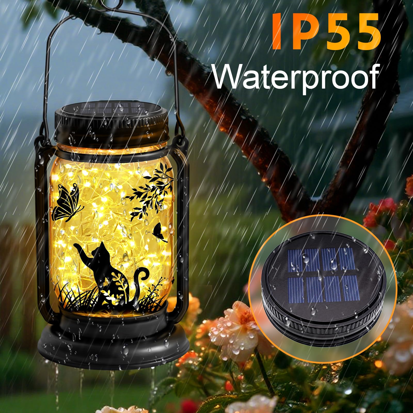 YJFWAL 6 Pack Solar Light Replacement Tops - Black Plastic Parts for Mason Jar Lanterns, Waterproof Outdoor Fairy Lights