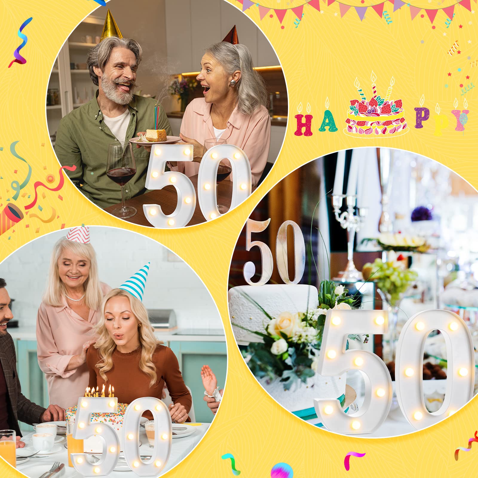 Treela LED Birthday Number Sign, Glitter Marquee Light Up 50th, White, Model Treela-Light -01, Party Decorations
