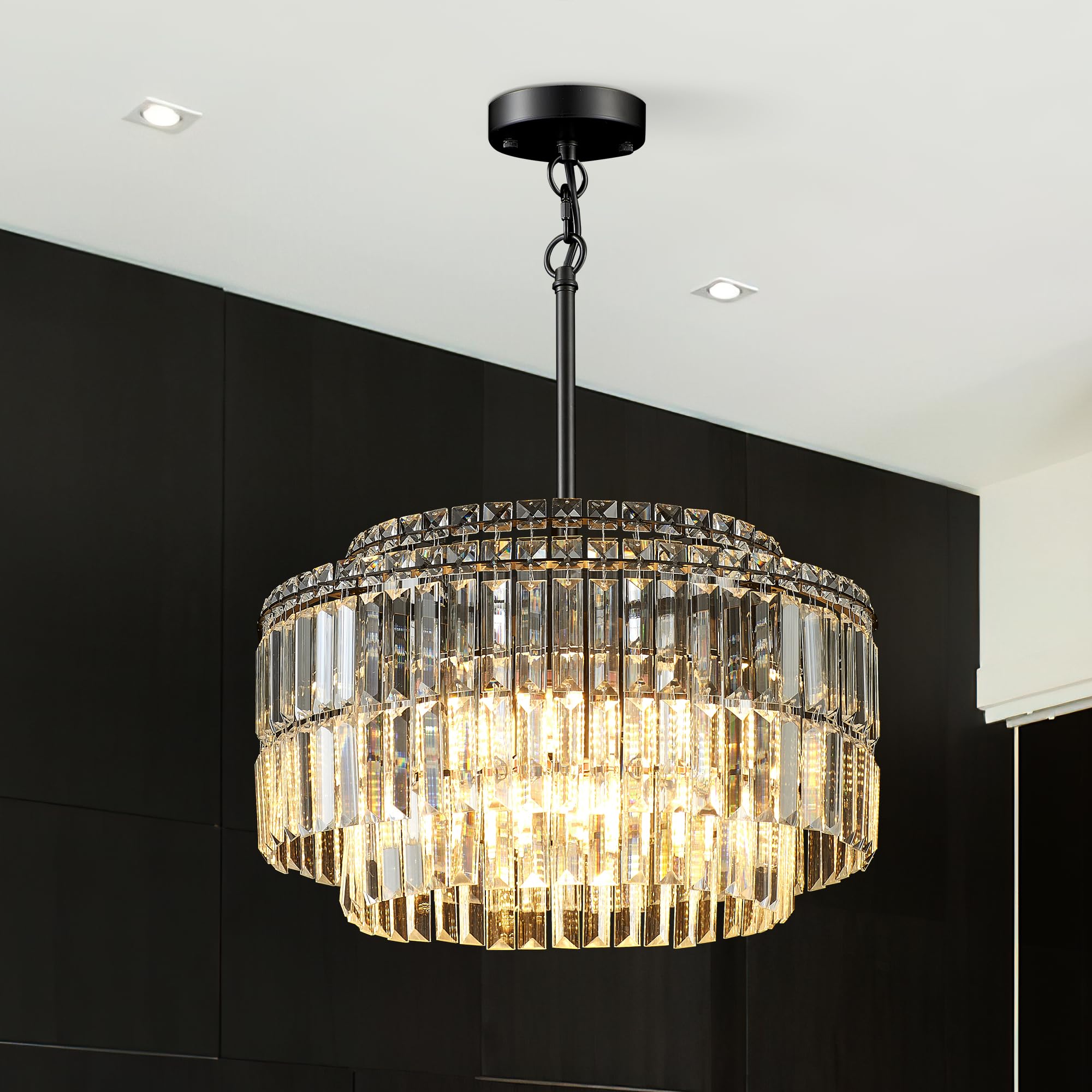 Lighceac Modern 17.6 Black Crystal Chandelier Ceiling Light Fixtures For Dining Room stylish Glam 8-Light Crystal Chandeliers Lighting For Bedroom Entryway Hallway Living Room Kitchen Island Foyer