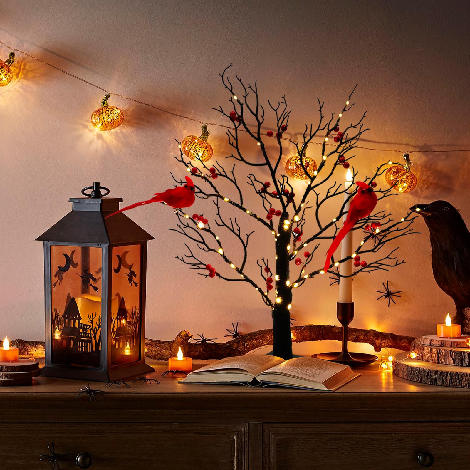 NKDFRI Vintage LED Glowing Tree, 6in Black, Battery Operated, Copper Wire with Cardinals & Red Berries - Holiday Decor