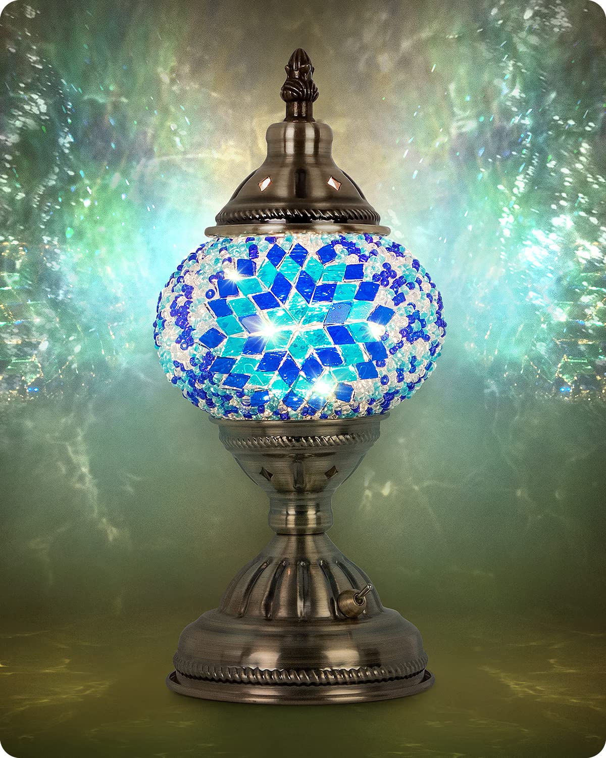 Yarra-Decor Turkish Moroccan Lamp, Handmade Tiffany Mosaic Glass, Rechargeable Led, Blue2