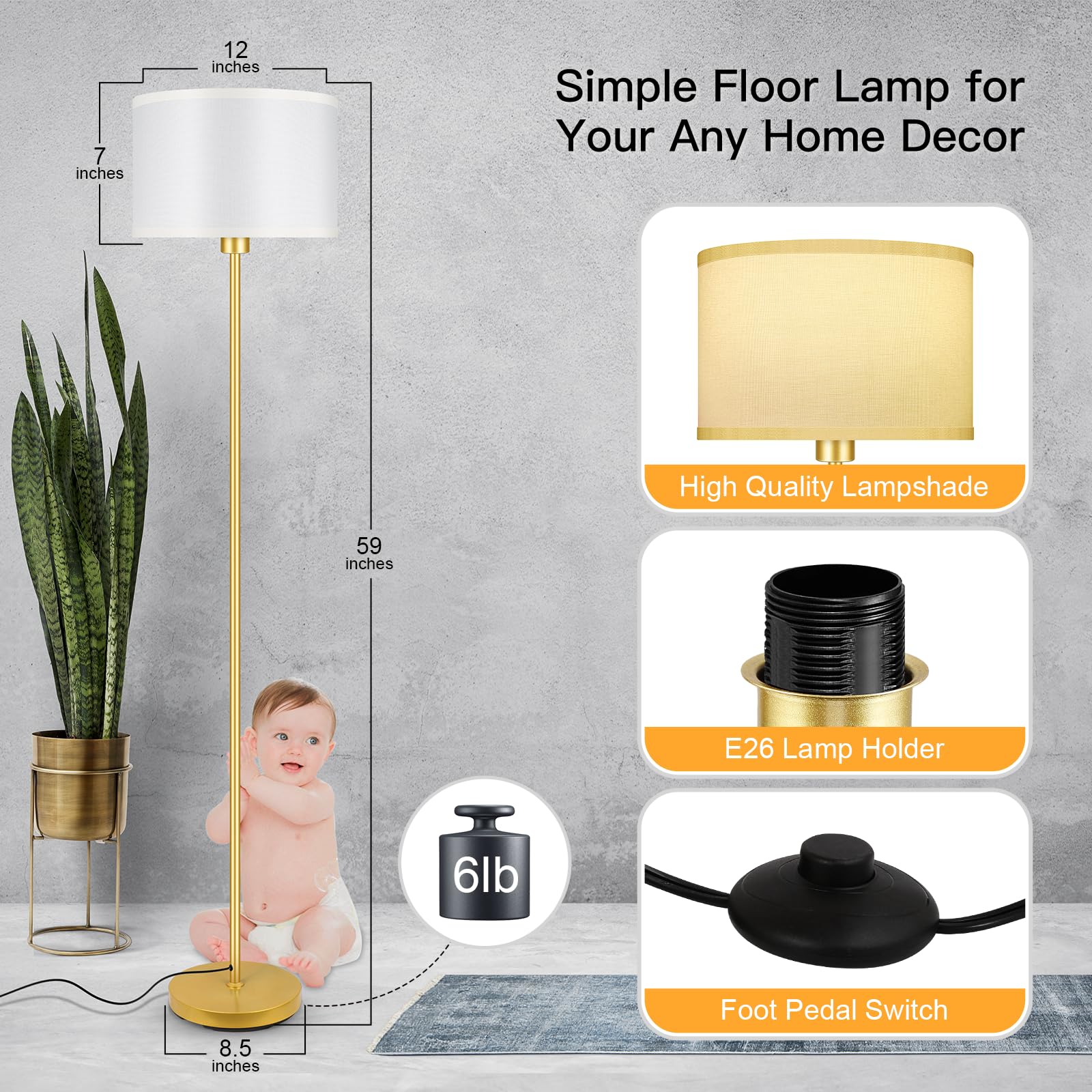 Gold Floor Lamps For Living Room, Modern Standing Lamp, White Lamp Shades, Foot Switch, Simple Pole Lamps Tall Lamp For Bedroom,