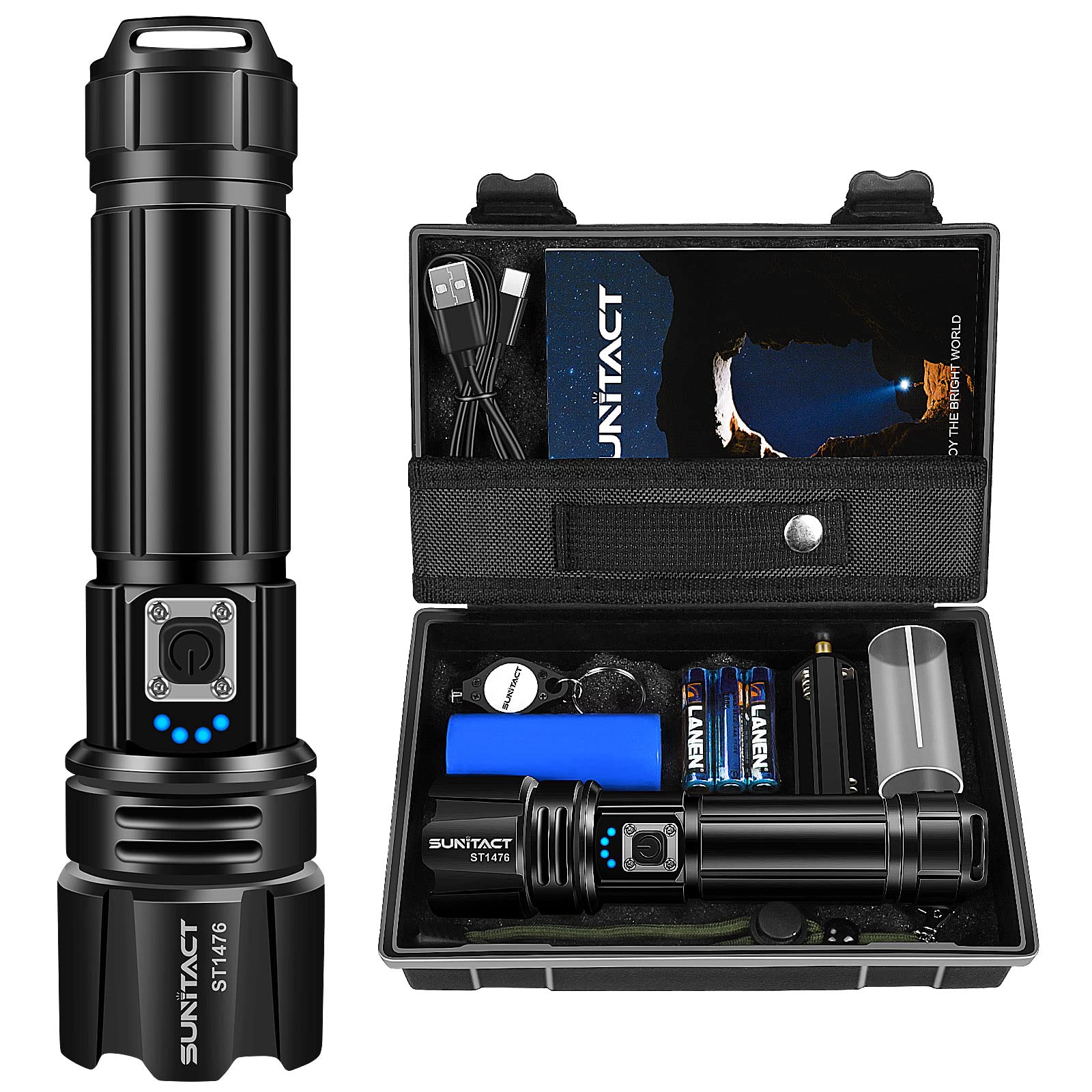Sunitact High Lumens Rechargeable Flashlight 20000 Lumen XHP70.2, IP67 Waterproof, Black, Model US-ST1476