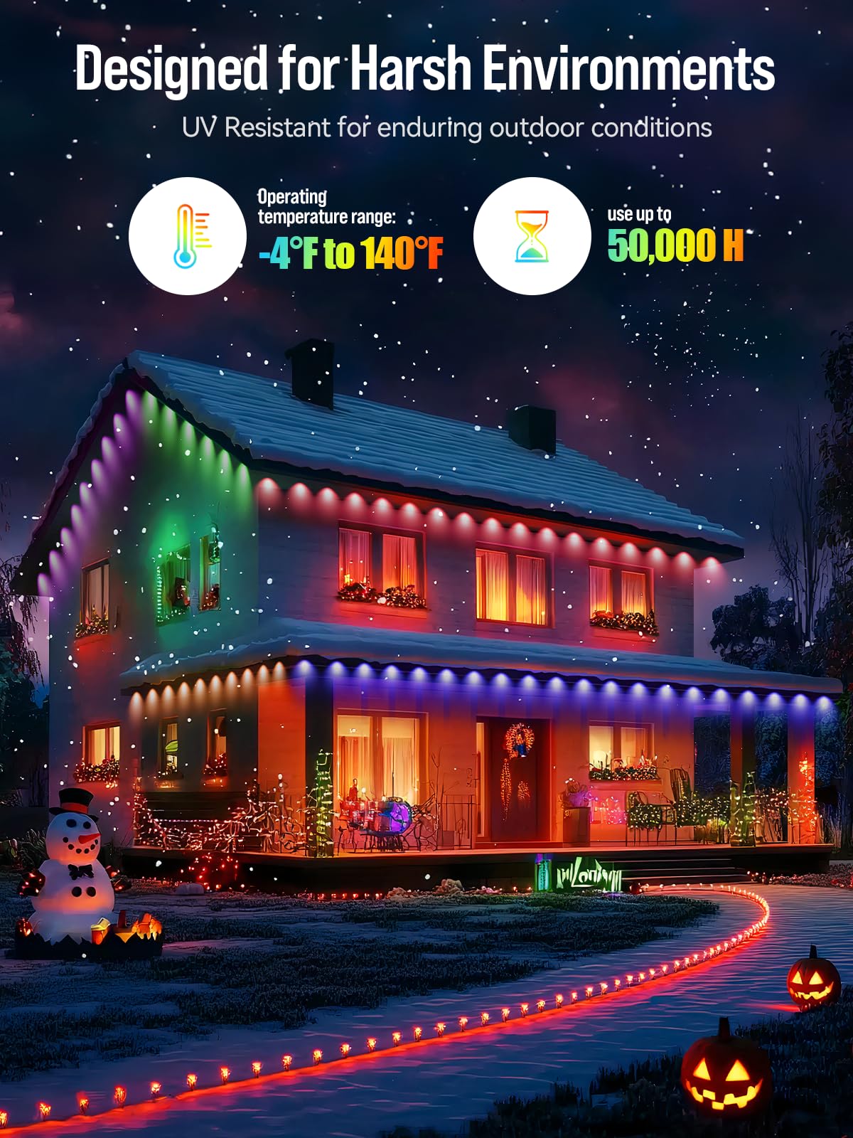 Permanent Outdoor Lights, 50Ft Smart Rgbicw Outdoor Lights With 30 Triple-Led Eaves Lights, Diy Scene Modes Ip67 Waterproof Outd