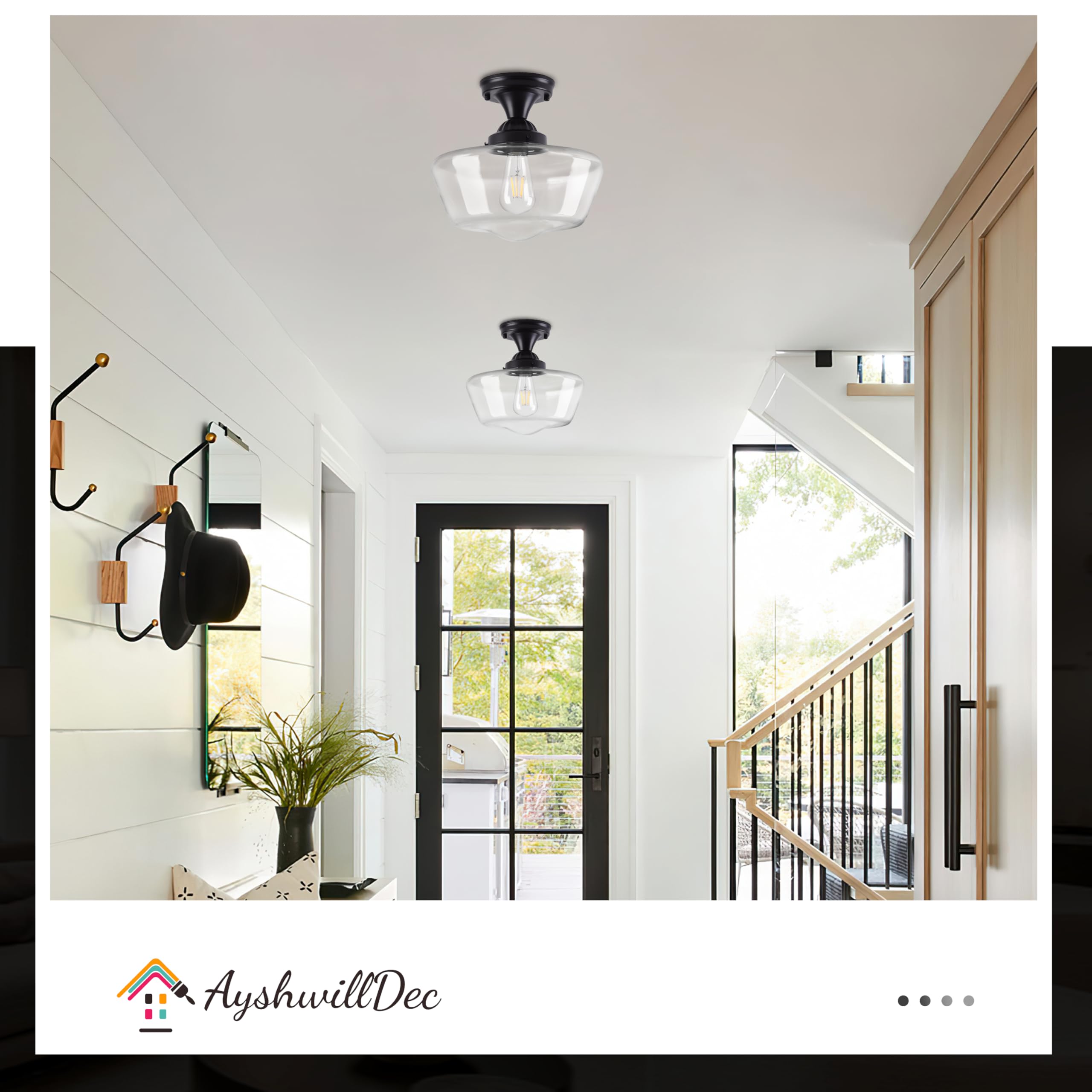 Ayshwilldec Black Schoolhouse Light Fixture 12'' Mid Century Light Fixture Schoolhouse Light Fixtures Ceiling Clear Glass Semi F