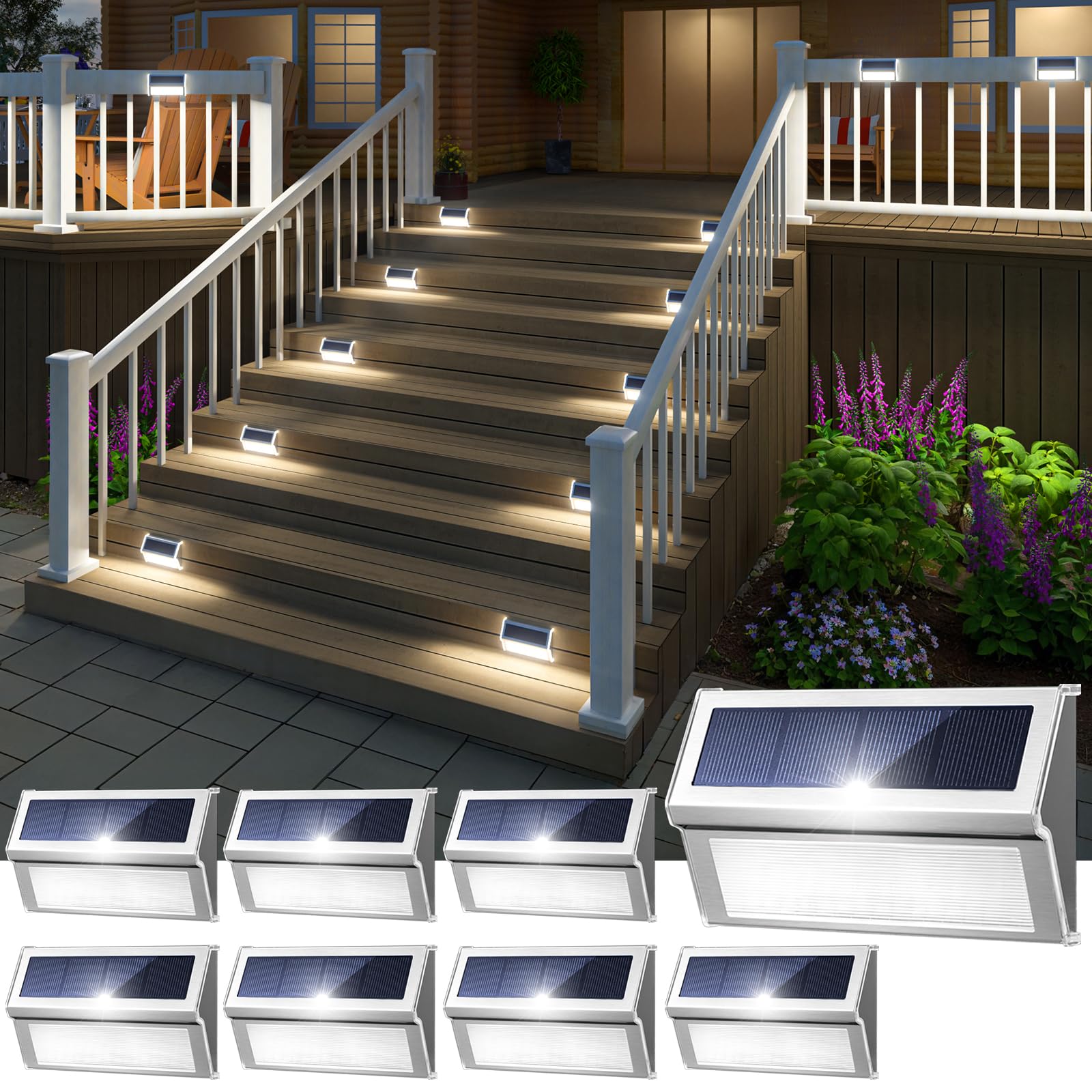 JSOT Solar Step Stair Lights Outdoor Yard Decor 8 Pack, 9LED Deck Lighting for Outside Solar Powered - IP55 Waterproof, Solar Ga
