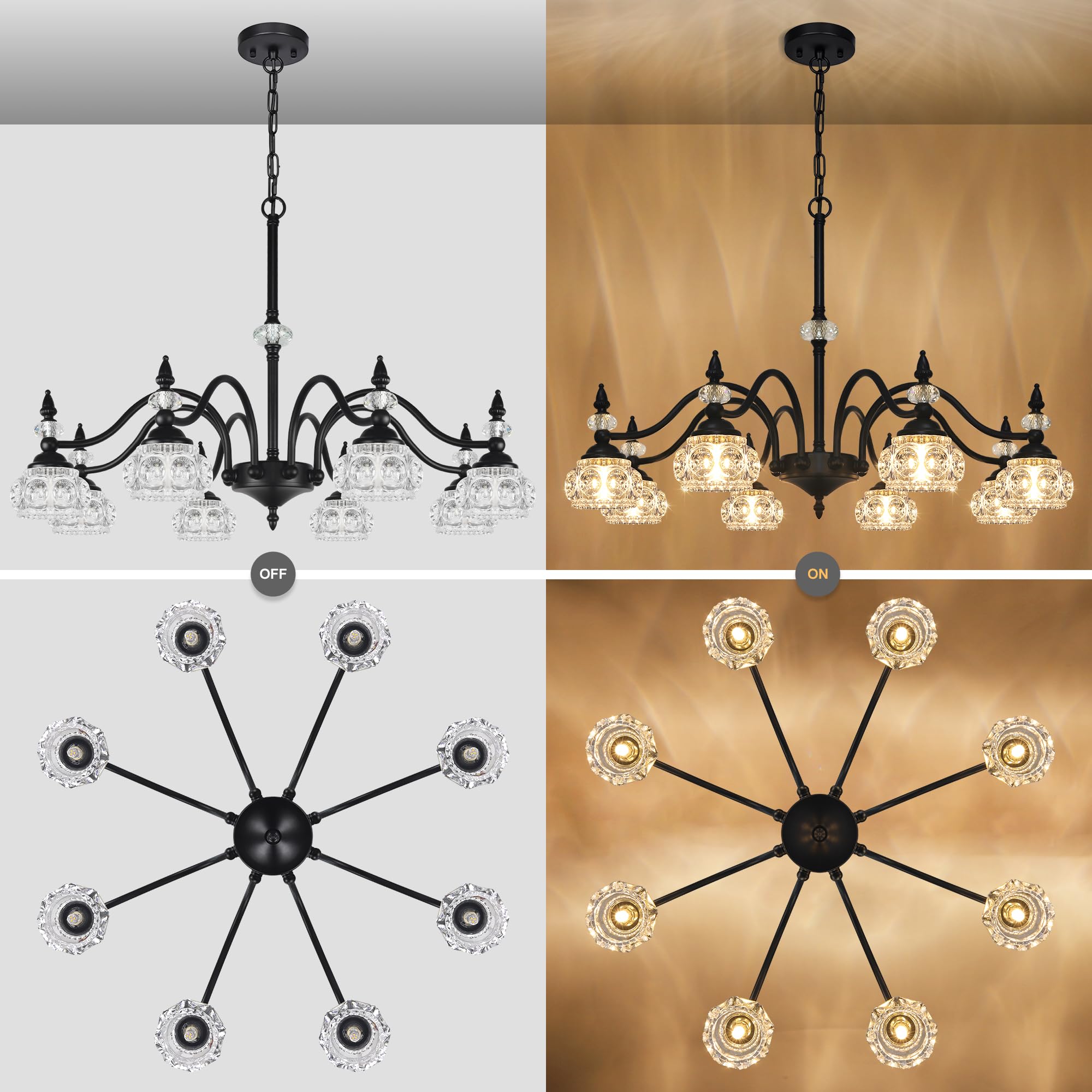CNRATYE 8-Light Modern Black Crystal Chandelier Pendant Lighting for Kitchen Island, Dining Room, Foyer, Entryway
