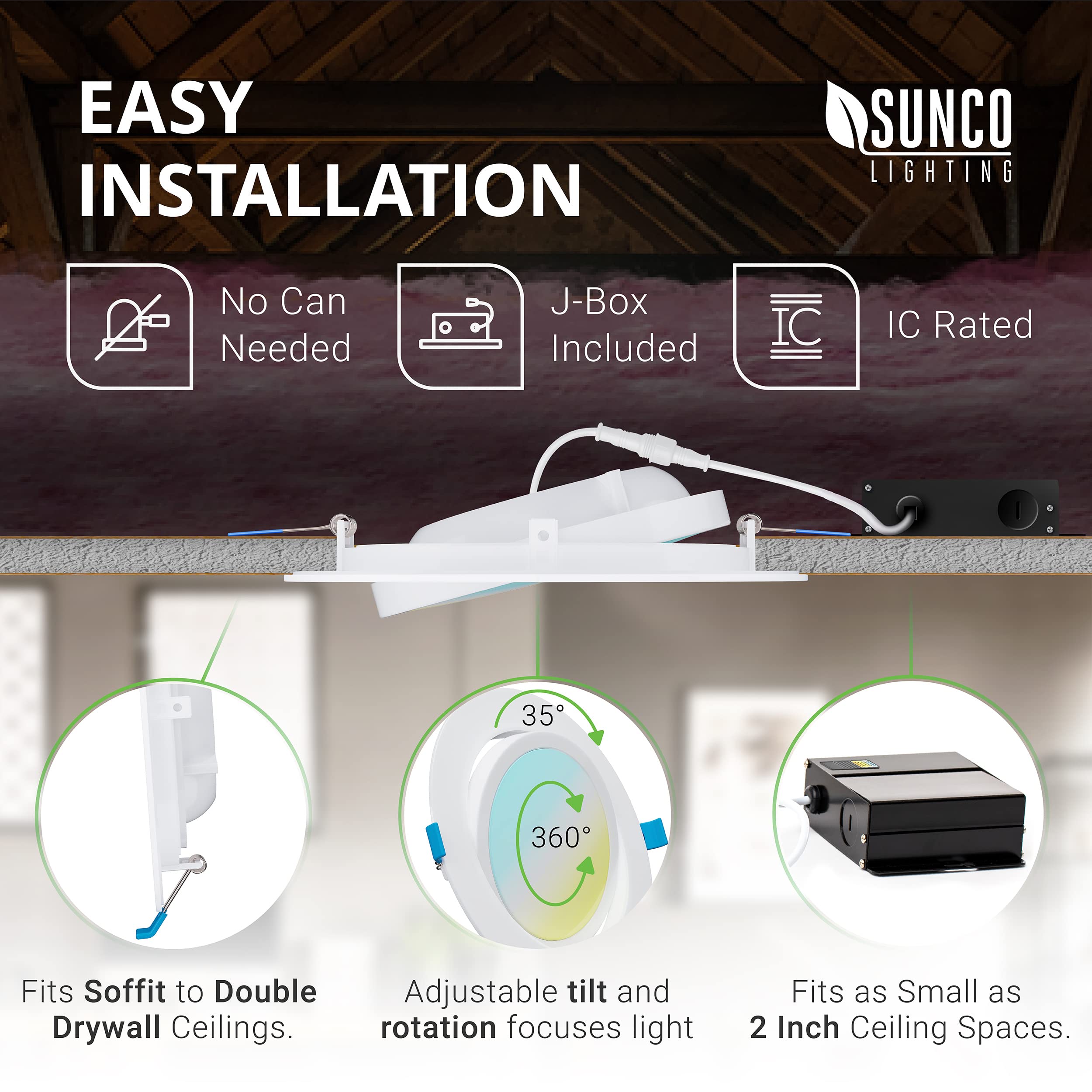 Sunco Lighting 6 Pack Recessed Led Lights Canless 6 Inch Eyeball Gimbal 12W, Selectable 2700K/3000K/3500K/4000K/5000K, Angled Di