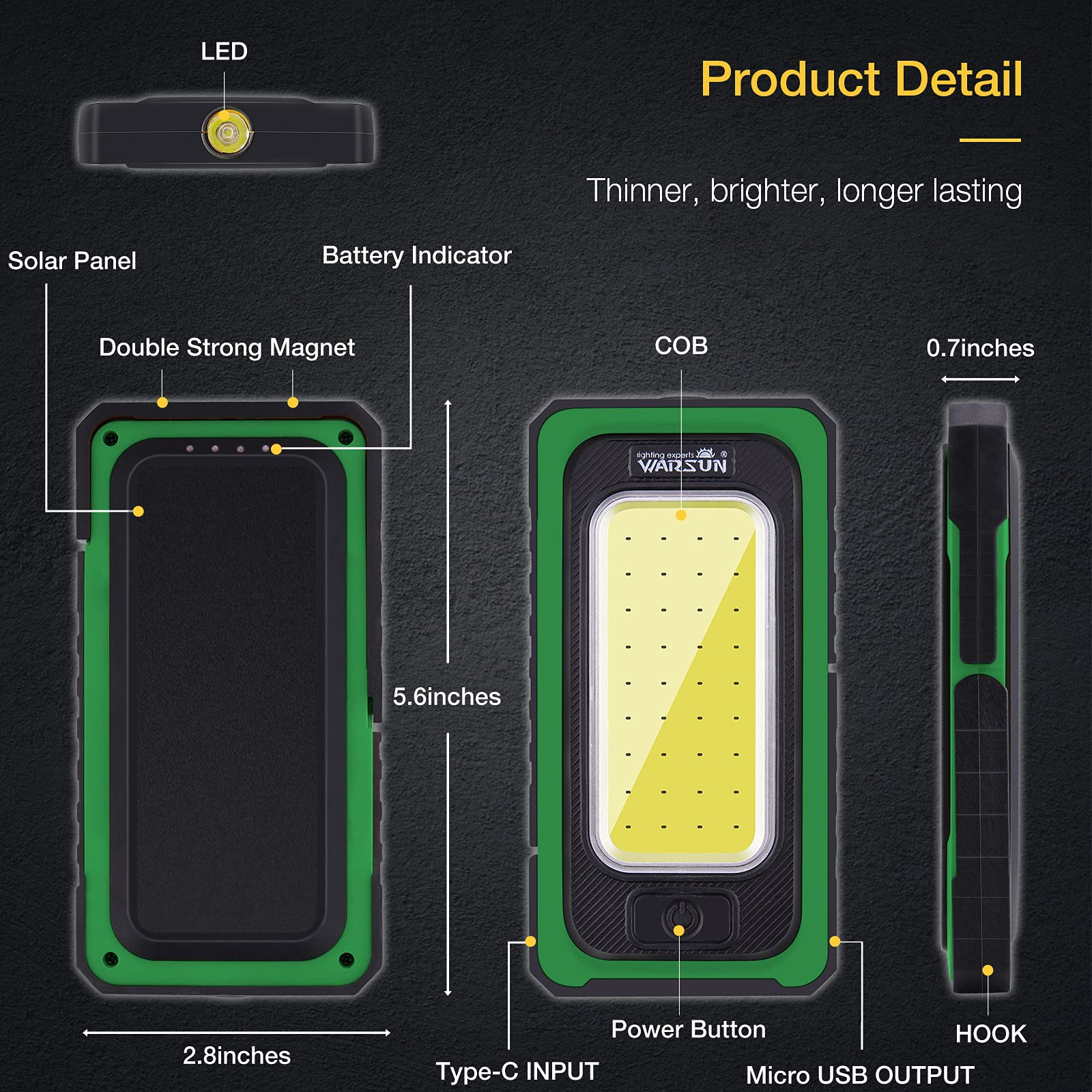 WARSUN Led Rechargeable Portable Magnetic Waterproof Solar Flood Light for Outdoor Camping Hiking Emergency Car Repairing (USB C