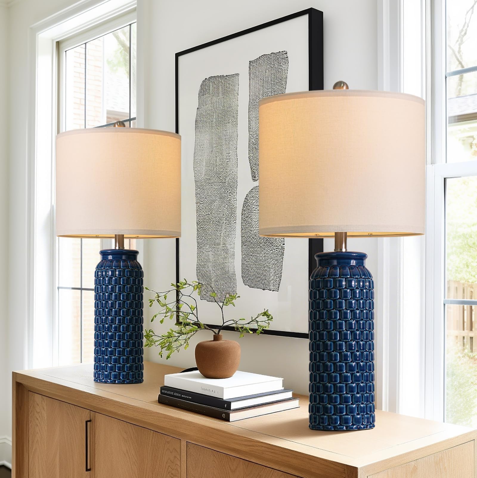 USumkky 27 Ceramic Table Lamps Set of 2 - Modern Farmhouse & Boho Style  Bedside Nightstand Lamps for Bedroom  Living Room End Table Lamps  Small Desk Lamp(Blue)