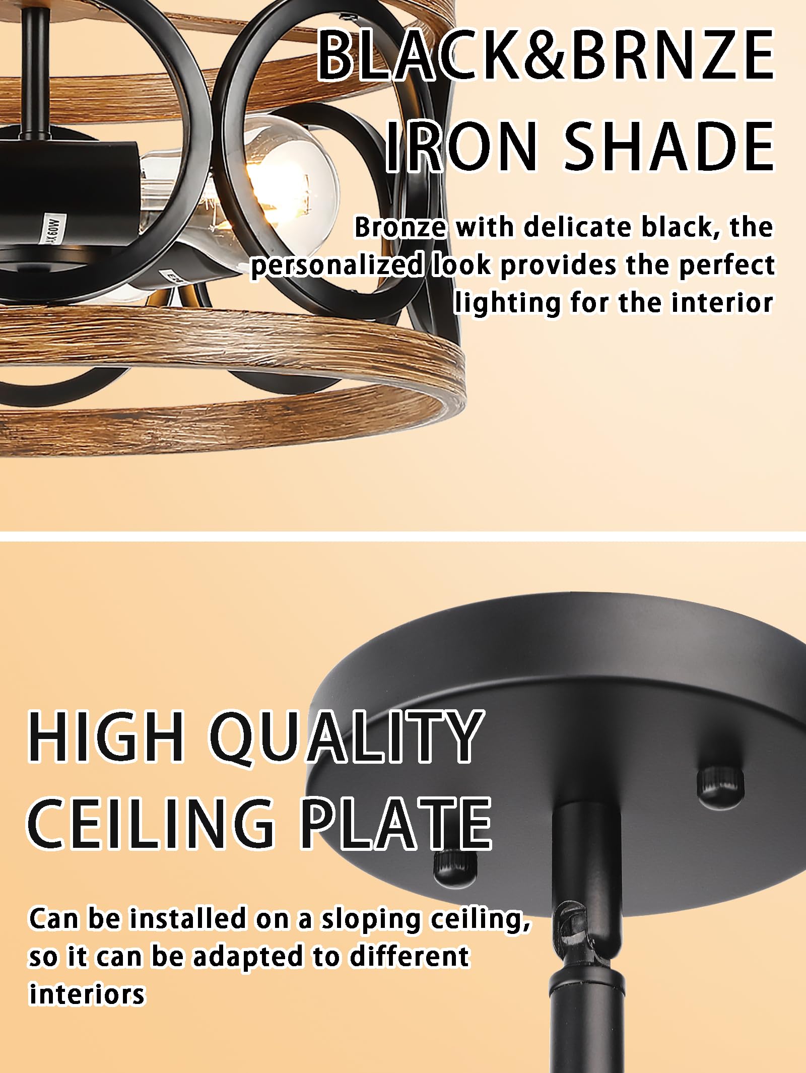 Qianzhan Farmhouse Semi Flush Mount Ceiling Light Fixtures, 3-Light Black Ceiling Light Rustic Light Fixtures For Hallway Entran