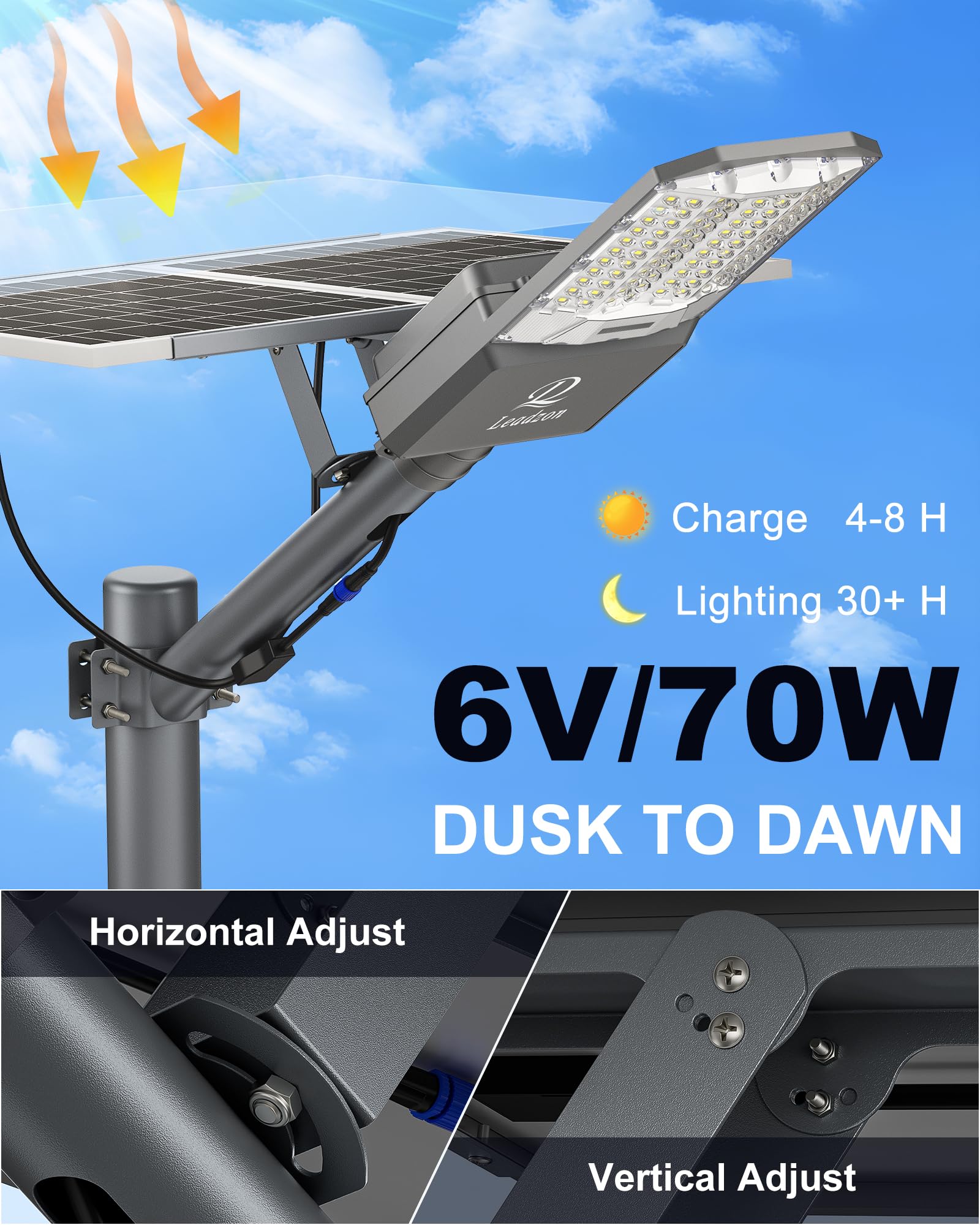 Leadzon Solar Street Lights - 650000LM LED Flood Lights, Waterproof, Remote Control, Gray, LDZ-TYN-LDDH, Ideal for Outdoor Use