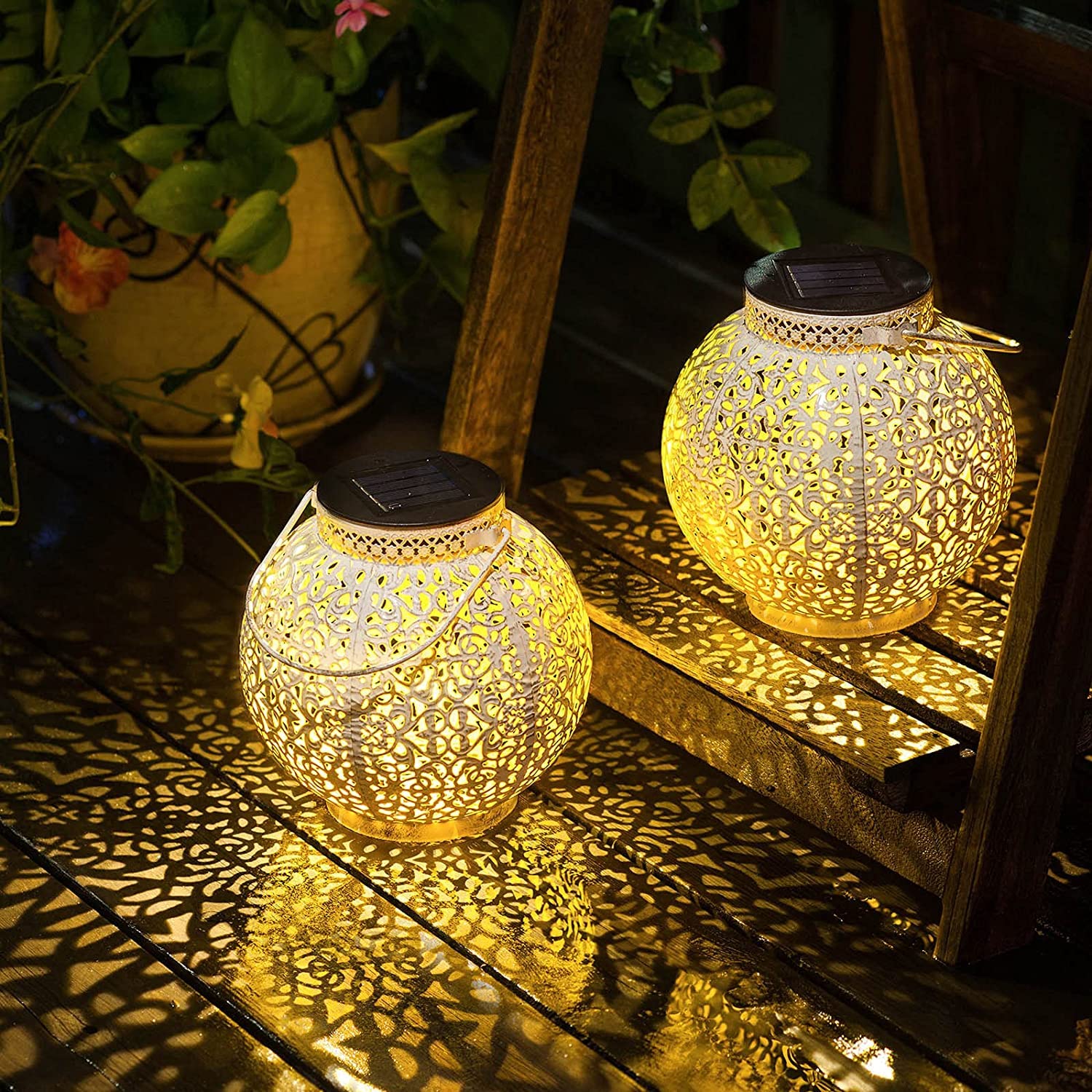 TAKE ME Solar Lanterns Lights Outdoor Waterproof Metal Retro Garden Lanterns White Set of 2 CKDD69