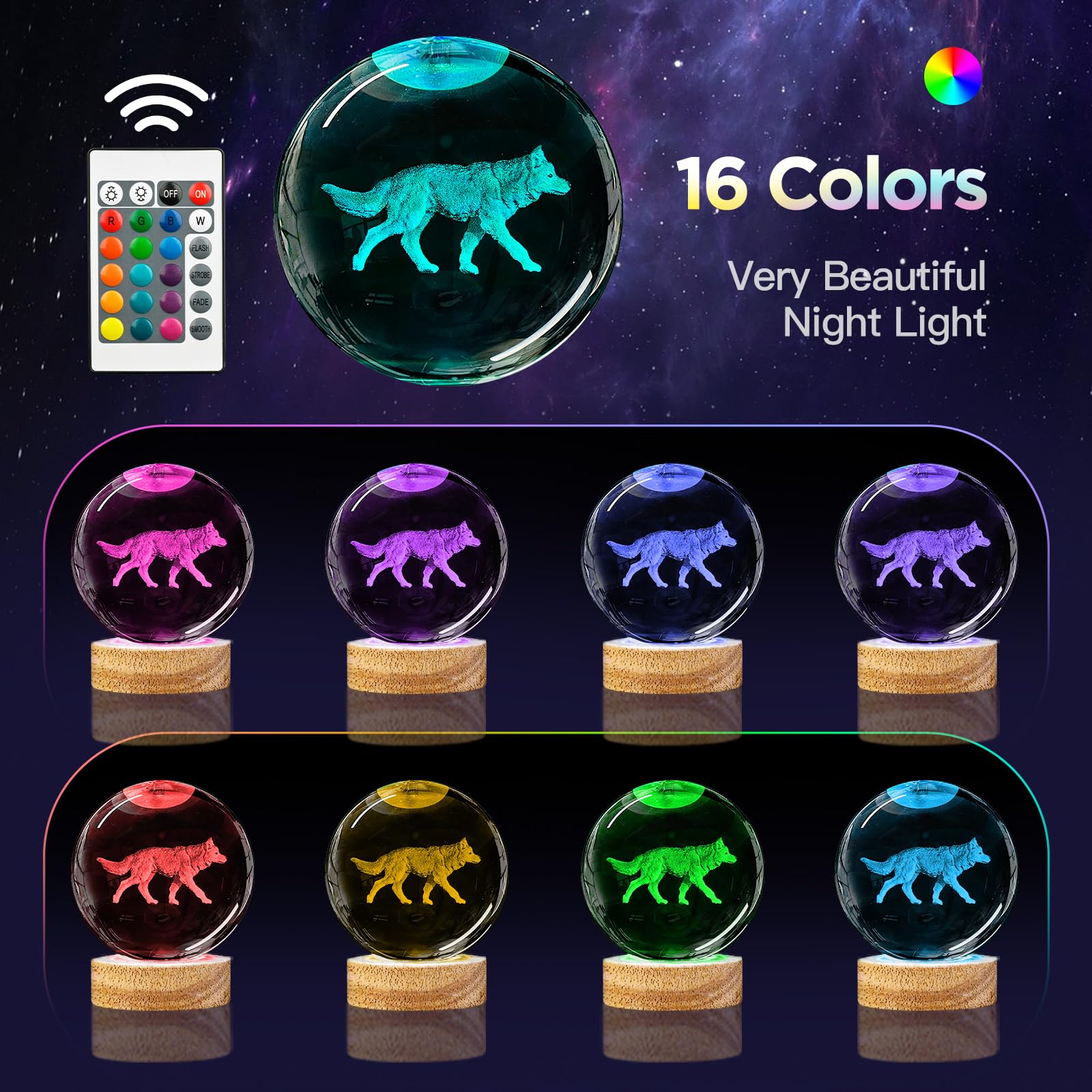 Yylzephb 3D Wolf Crystal Ball Night Light With Woodern Base, 3.15 Wolf Glass Ball Lamp 16 Colors With Remote Control Wolf Figuri