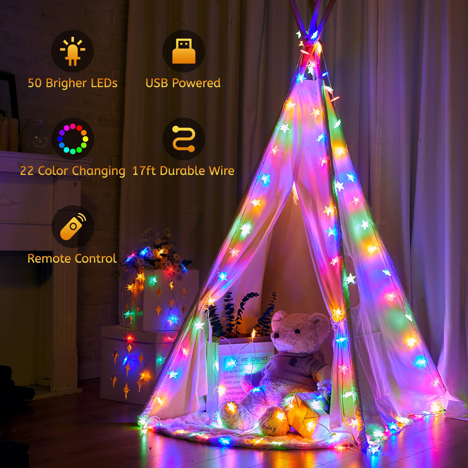 Minetom 17 ft Color Changing Star String Lights - 50 LED Fairy Lights with Remote, 16 Colors, USB Powered for Indoor Decor