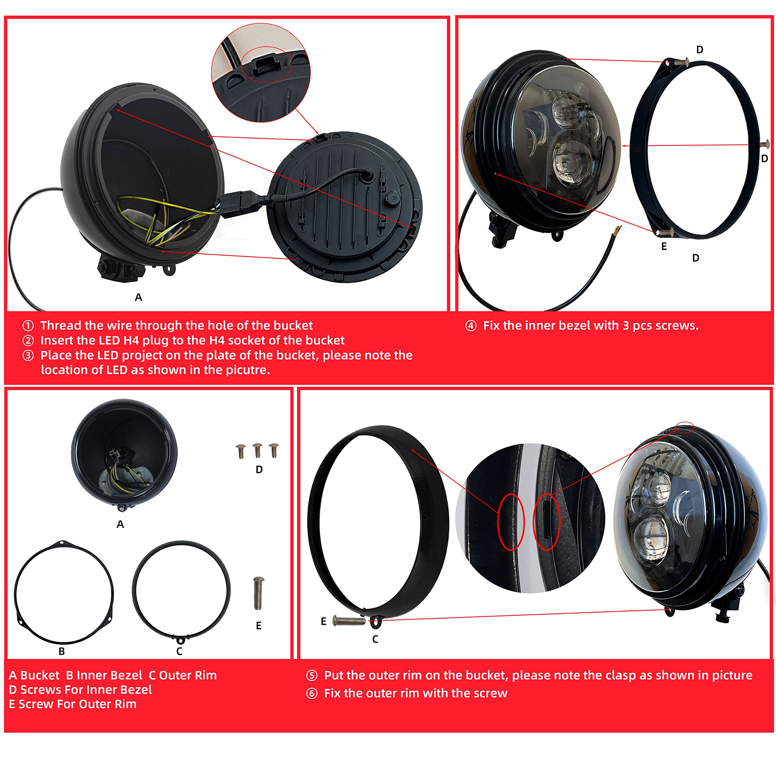 FATECIM 7in Round Motorcycle Headlight Bucket Heavy Duty Gloss Black FTC-1057