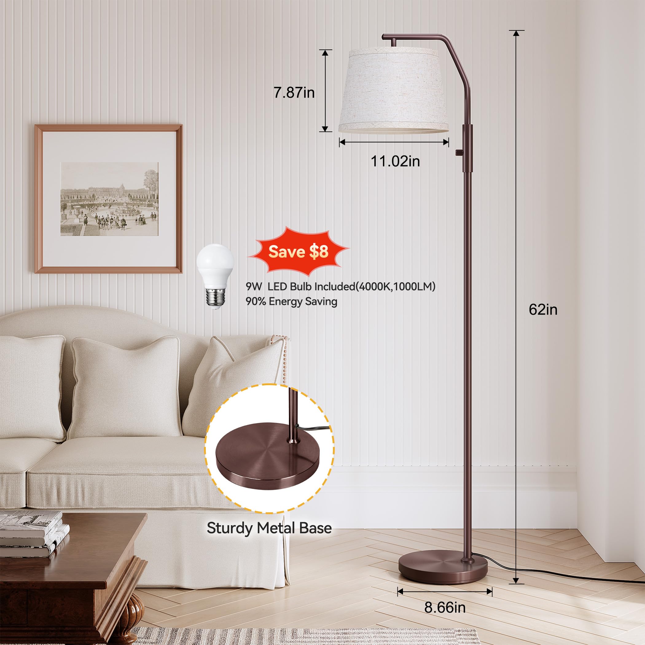 Sunmory Floor Lamps For Living Room, 9W Bulb Included, Lamp For Bedroom With Adjust Head, Standing Lamp With Rotary Switch, 0-10