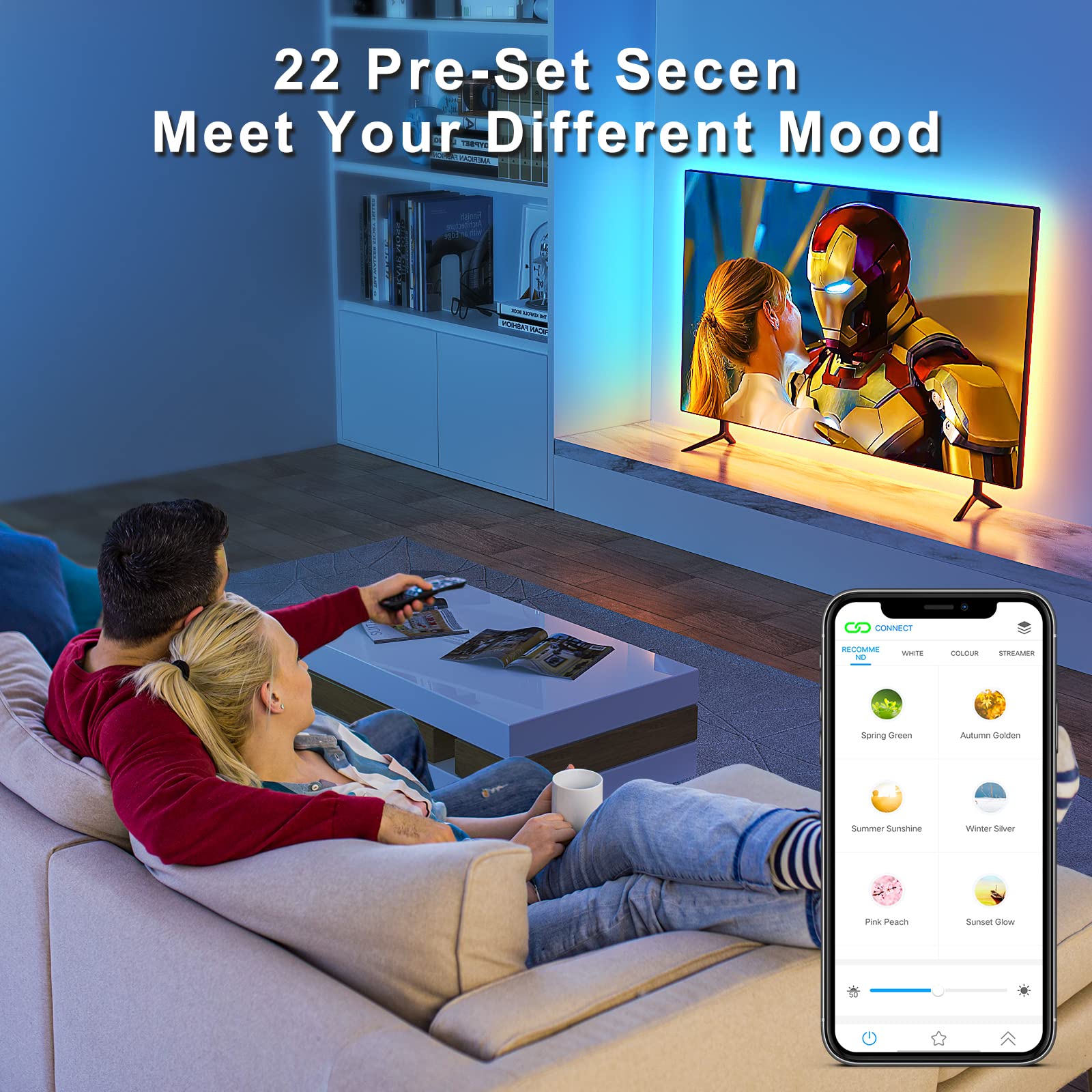 BASON LED Backlight for TV 32-58inch, Bluetooth Color Changing Light with Music Sync, USB Powered, 8.2ft, DIY Colors for Gaming & Decor