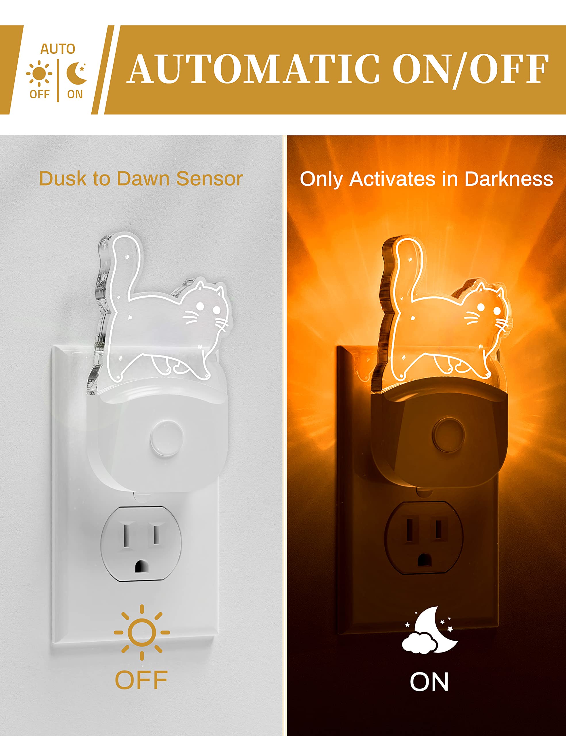 DORESshop Cat Night Light 2 Pack, 8-Color RGB, Acrylic, Plug-in, Dusk-to-Dawn Sensor, Cute Room Decor for Kids