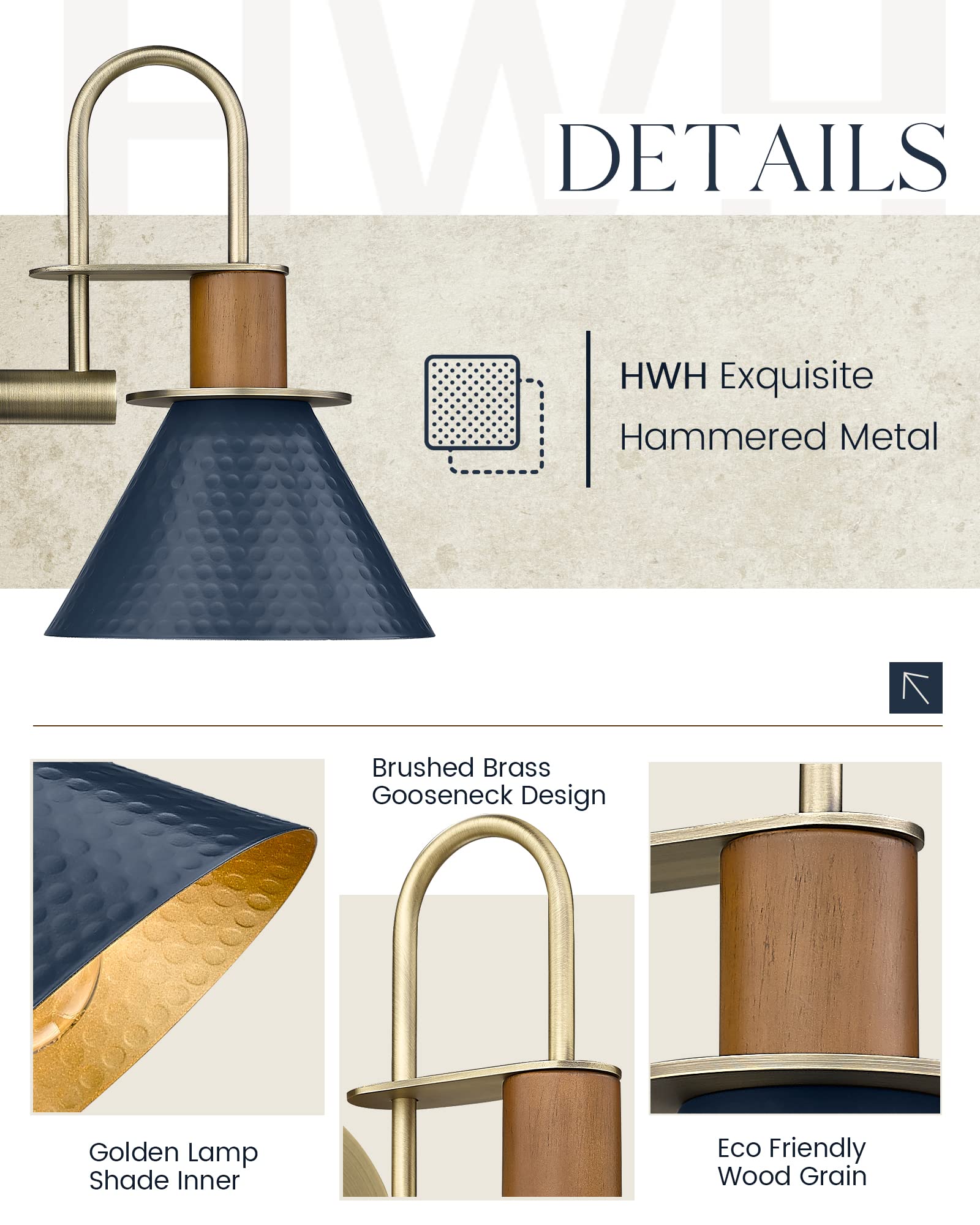 Hwh Rustic Wall Sconces Set Of 2, Hammered Metal, Navy Blue Gooseneck Light For Bathroom/Bedroom
