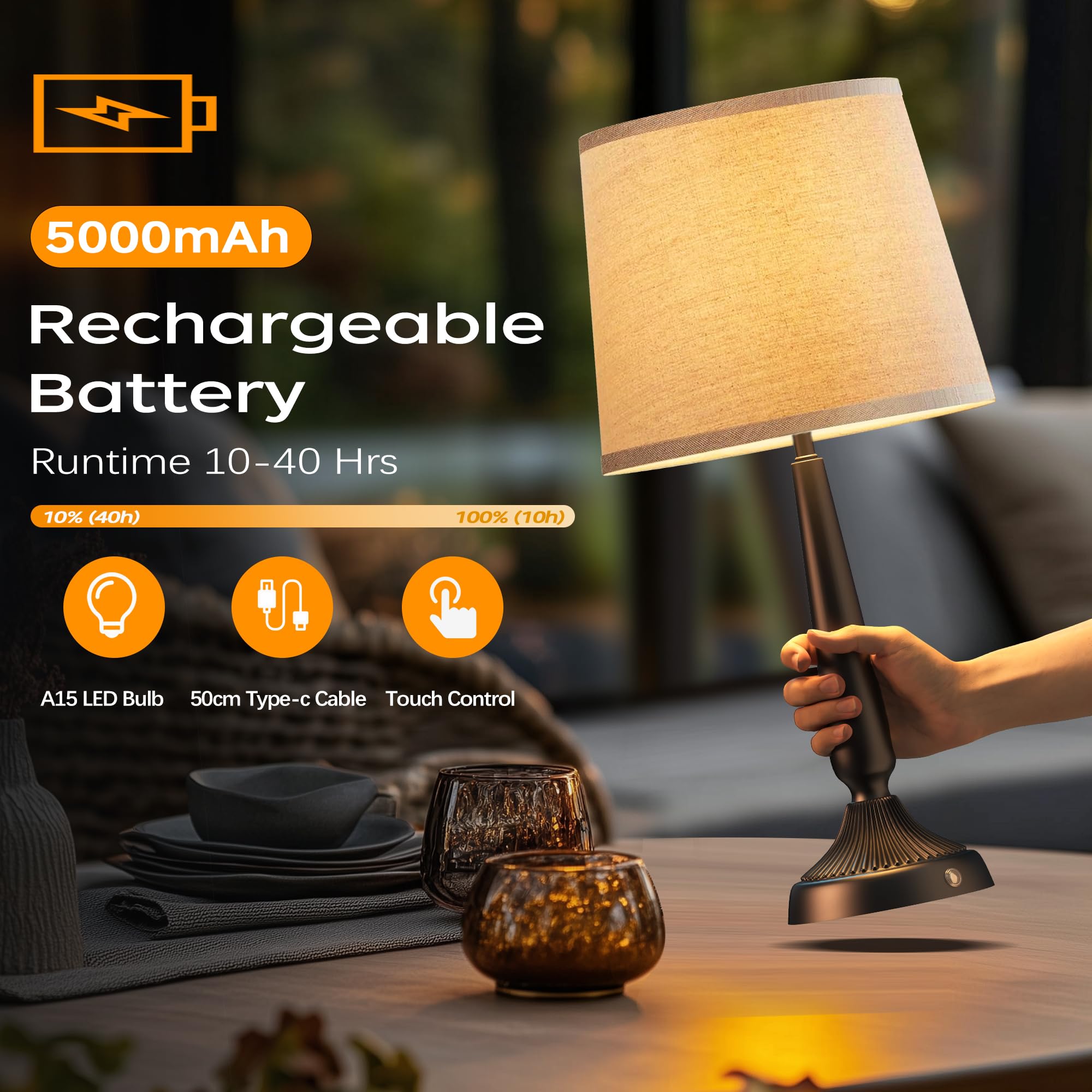 Partphoner Cordless Table Lamp, 5000Mah Battery Rechargeable Touch Lamp, Wireless Led Lamps, 3-Level Brightness Bedside Lamps, M