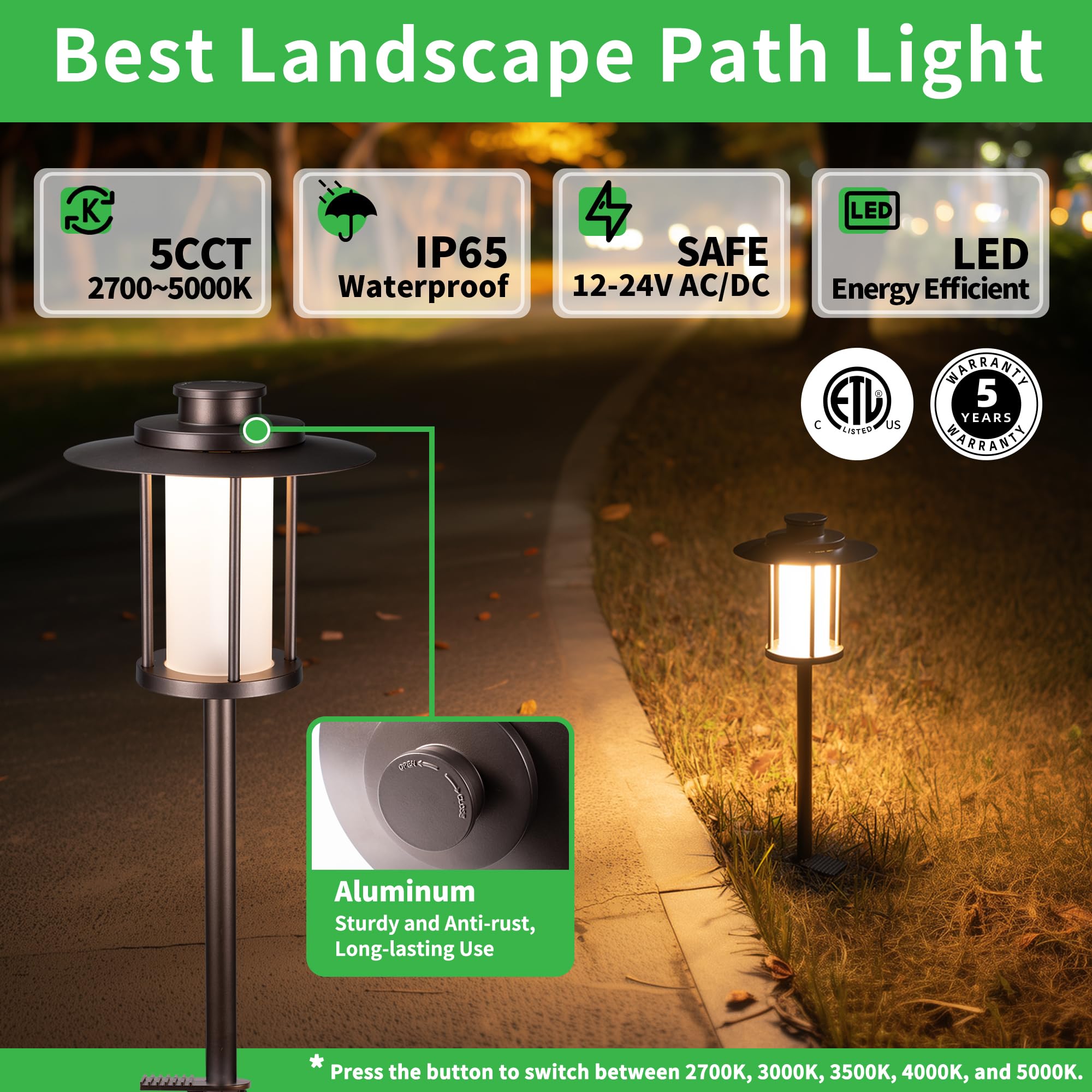 Varmtalys Pathway Landscaping Lighting Low Voltage, 5Cct Adjustable Setting Garden Path Light Led 12V, Outdoor Waterproof Walkwa