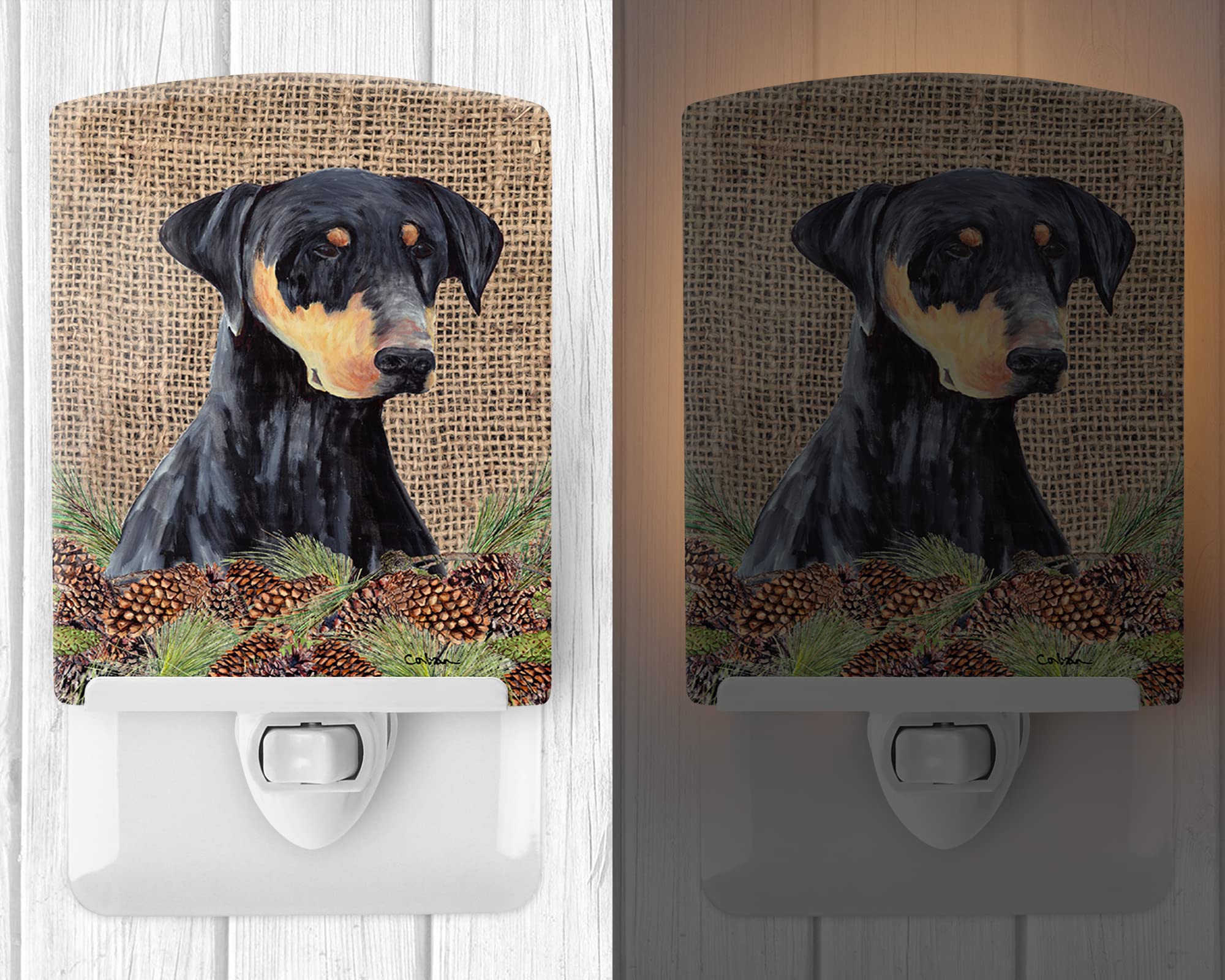 Caroline'S Treasures Sc9038Cnl Doberman Faux Burlap And Pine Cones Ceramic Night Light Compact, Ul-Certified, Ideal For Bedroom, Bathroom, Nursery, Hallway, Kitchen, 6X4X3, Multicolor