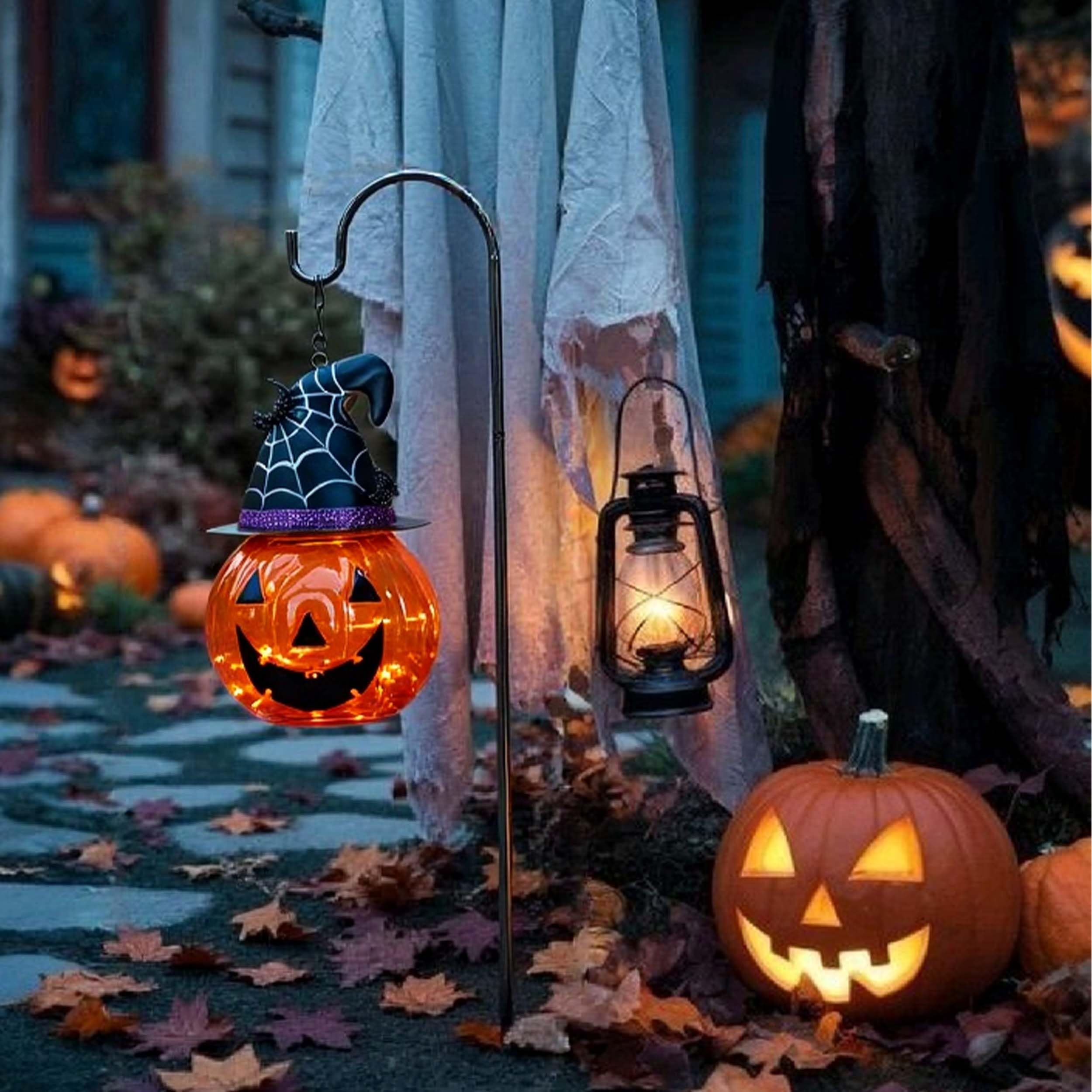 TERESAS COLLECTIONS Glass Solar Lantern, 36in Halloween Decoration, Orange Pumpkin Bats, Model TLS23GS193