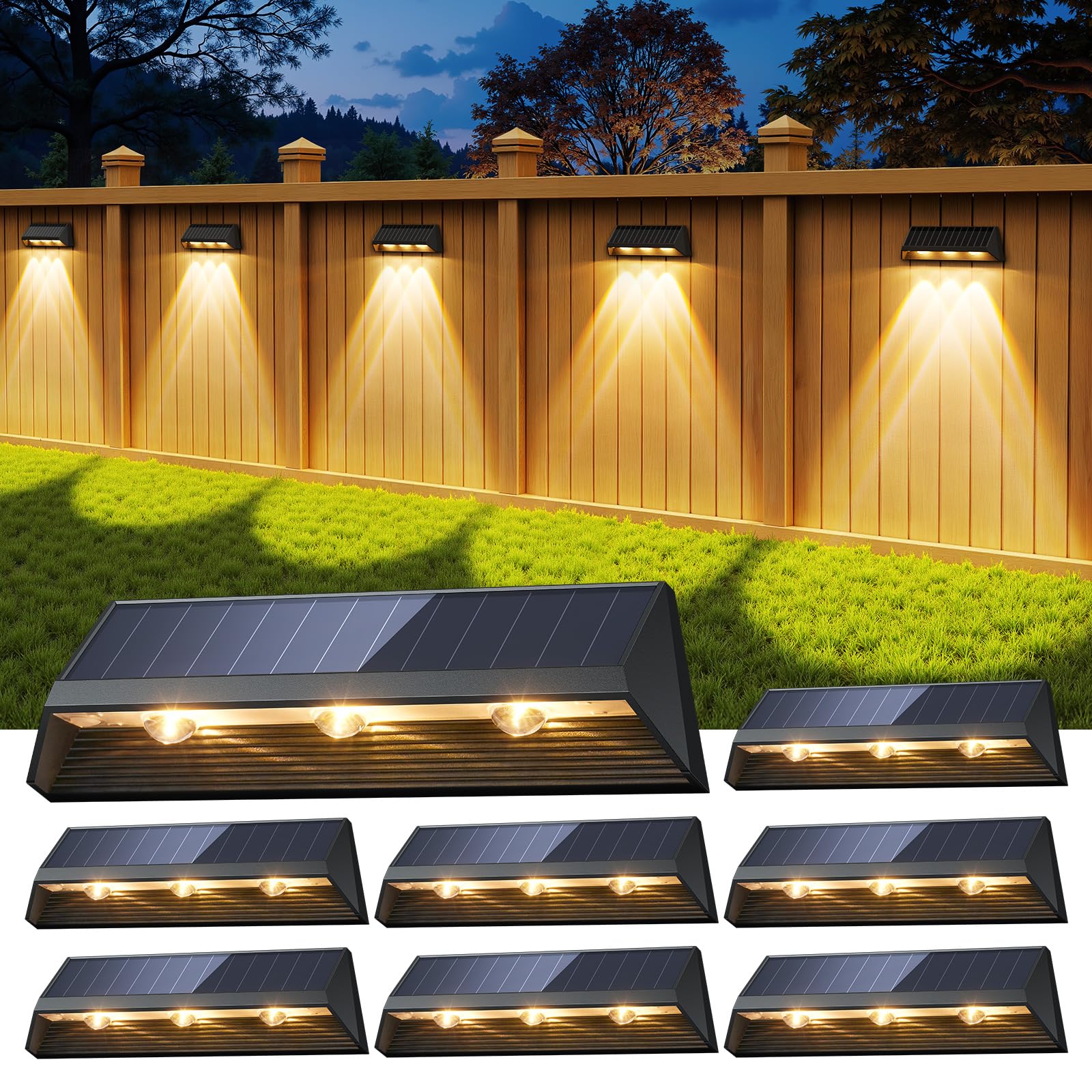 LETMY 9 Solar Fence Lights Outdoor, 3X Bigger & Brighter Fence Solar Lights Outdoor Waterproof IP67, Auto On/Off 2 Modes LED D