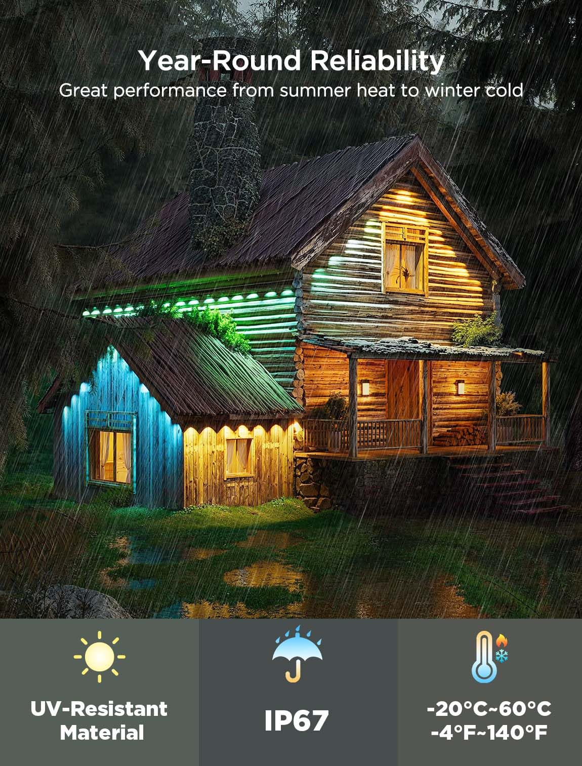 Govee 100ft RGBIC Outdoor Lights, IP67 Waterproof, 72 LEDs, Works with Alexa & Google Assistant, White, Model H705E