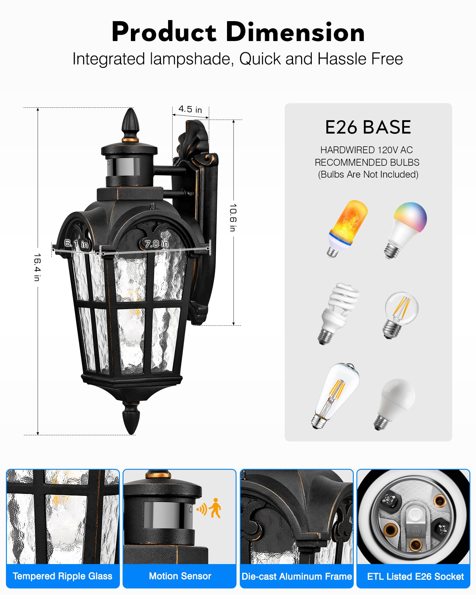 VIANIS Motion Sensor Outdoor Lights 2-Pack, Black with Gold Trim, Waterproof Aluminum Fixtures for Porch & Entryway, Model V81532KG