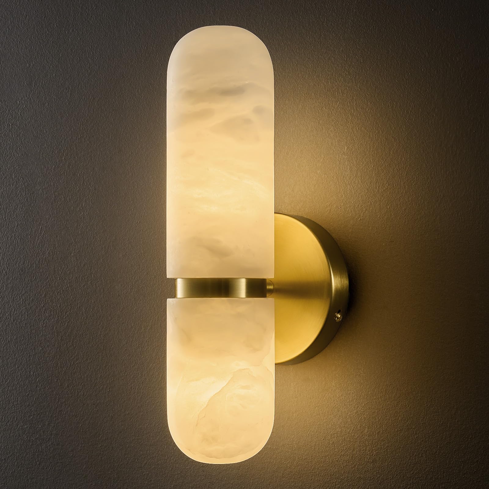 Natural Alabaster Brass Wall Sconce - Modern Elegant Spanish Stone Cylinder Sconces with Bulb - Brushed Gold Indoor Dimmable Lighting Fixture - Vanity Decor Light for Bedroom Bathroom Living Room Stair