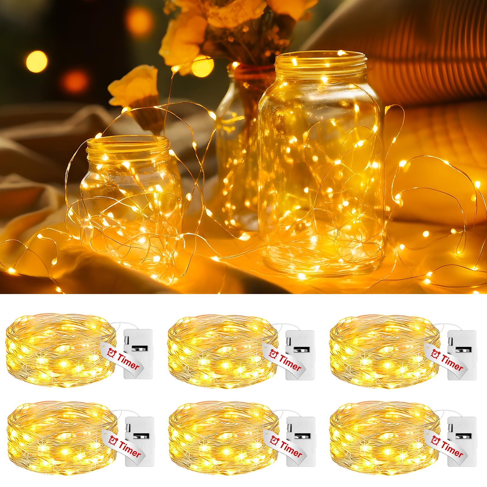 Litogo 6 Pack Fairy Lights, 20 Led Warm White Twinkle Light, 7Ft Waterproof Silver Wire, Battery Operated With Timer For Decor