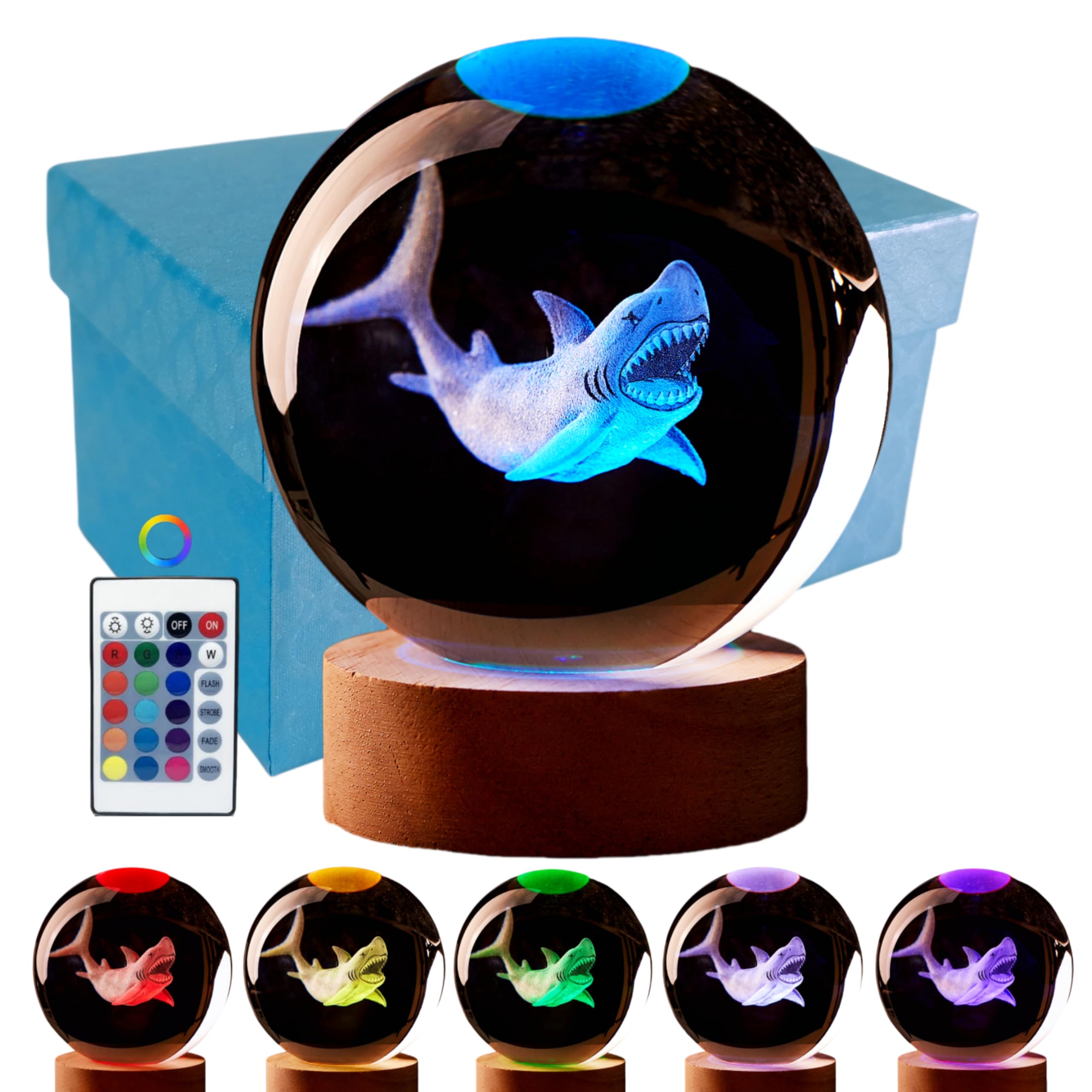 LMLOBEP Large Shark Crystal Ball Night Light with Woodern Base  3D Crystal Lamp 16 Color Changing with Remote Control  Laser Engraved Glass Ball Lamp  Room Decor (Shark)