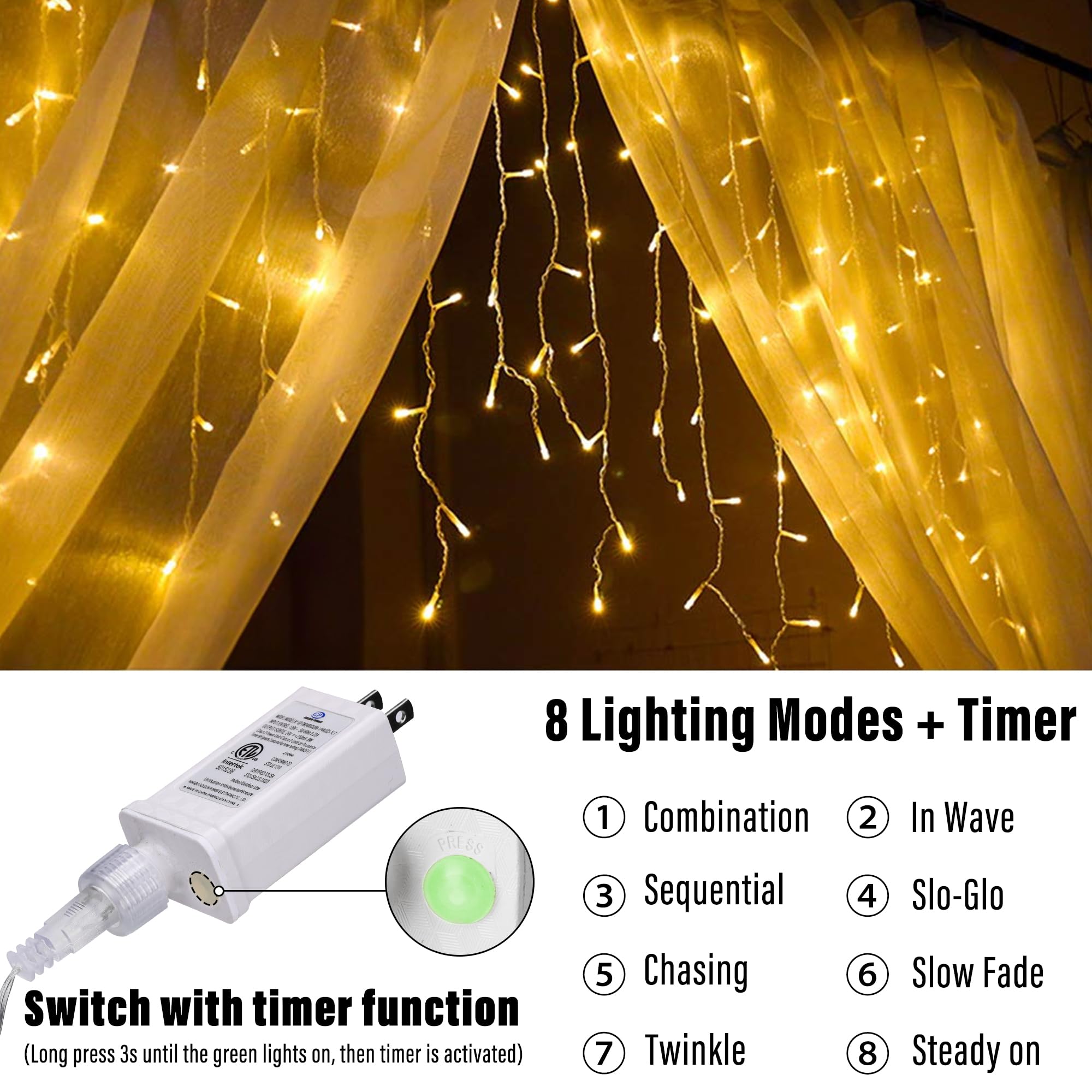Joomer Christmas Icicle Lights, 32Ft 8 Modes Waterproof Christmas Icicle String Lights Outdoor Connectable With Timer For Party,
